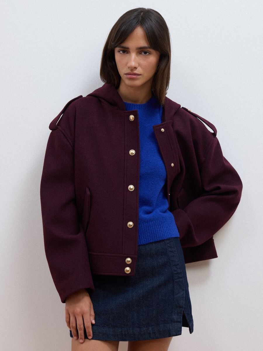 Purple hooded jacket with press-stud fastening_0
