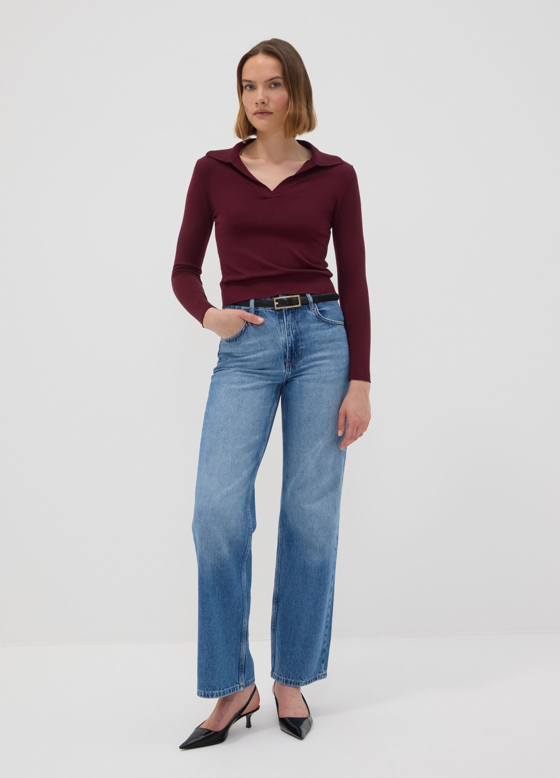 Red viscose-blend polo-collar top, regular fit
