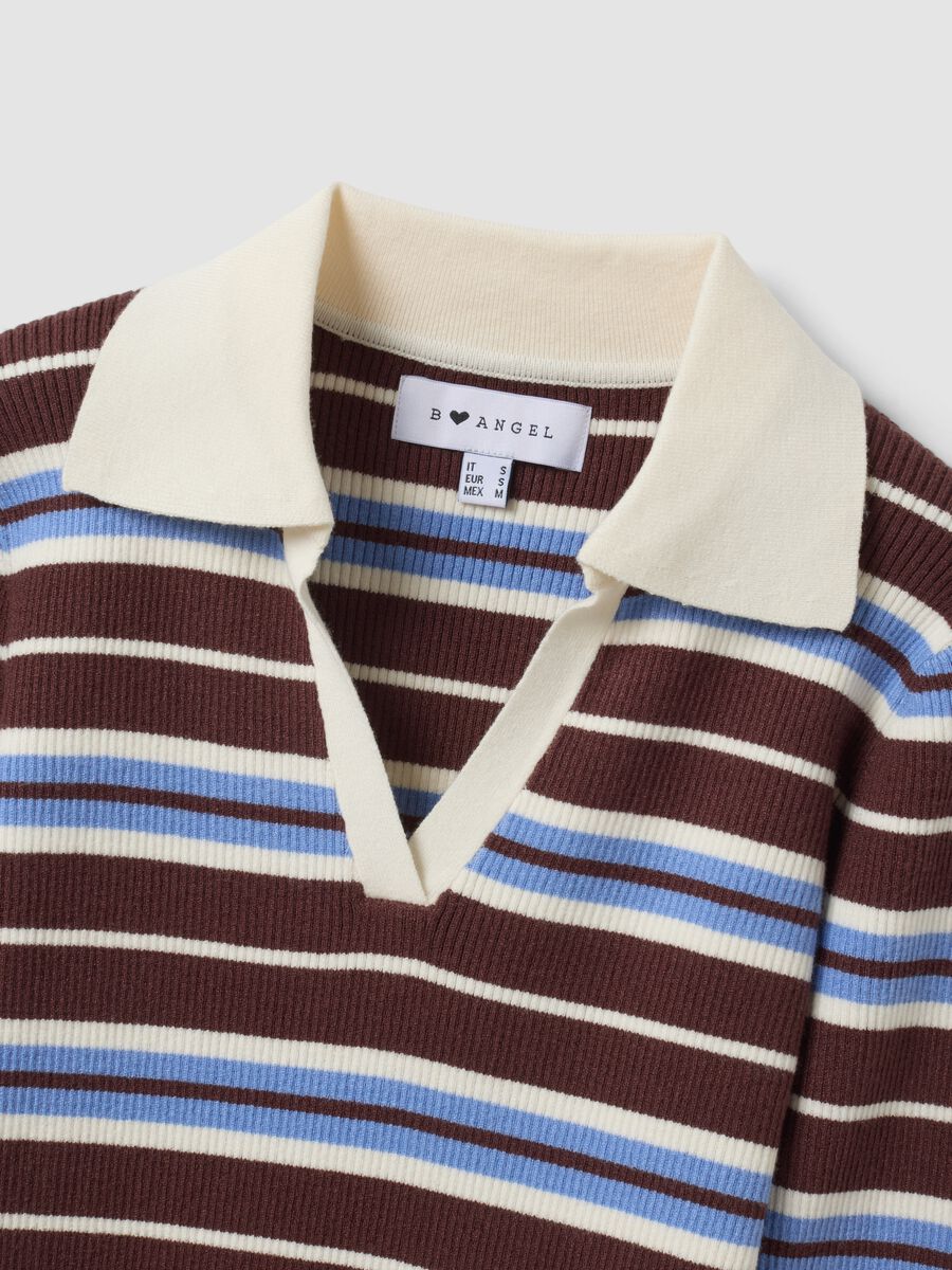 Multicolour striped viscose-blend fitted polo-collar knit top_1