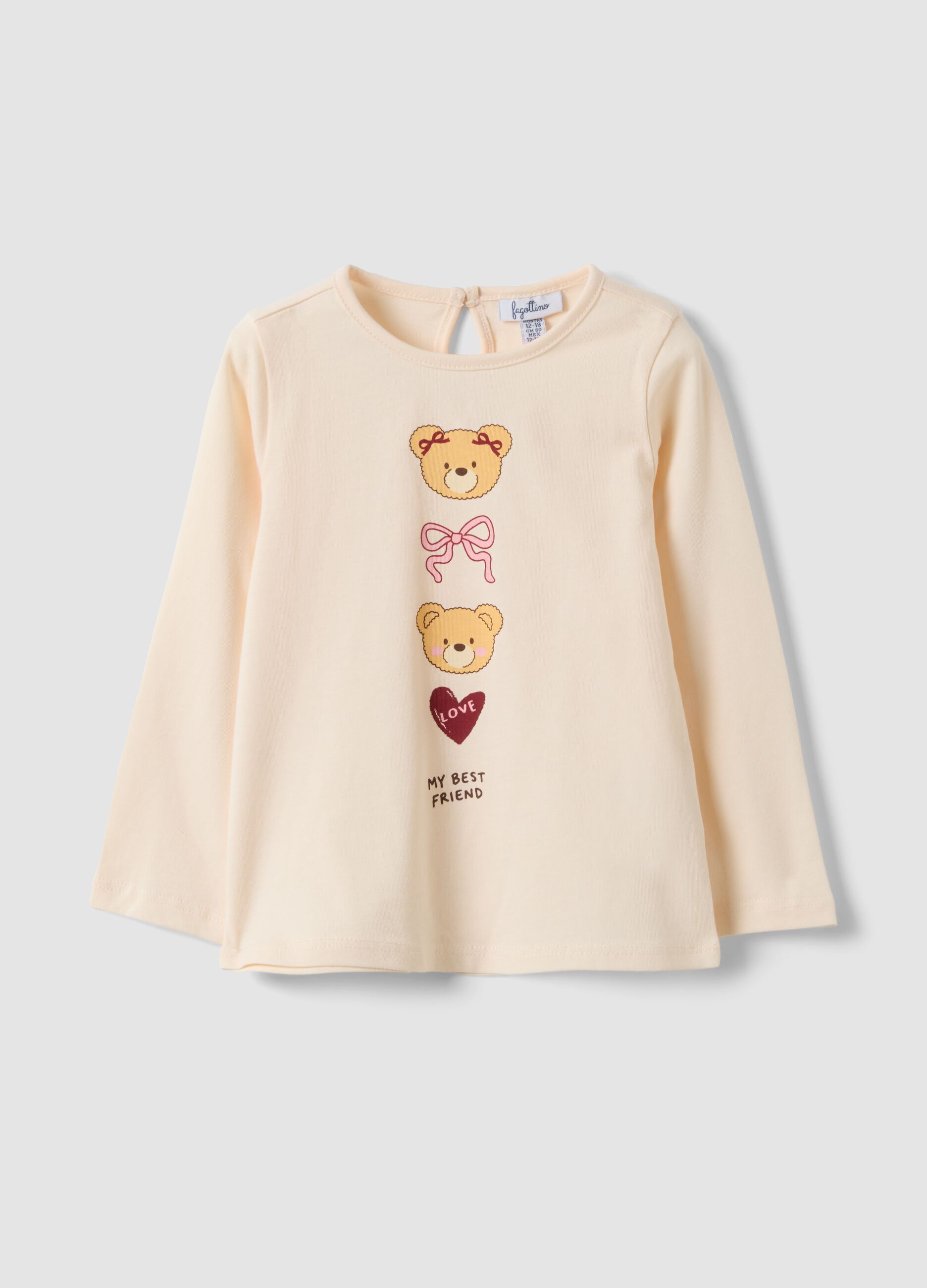 Maglietta beige in puro cotone organico con stampa orsetti per bimba