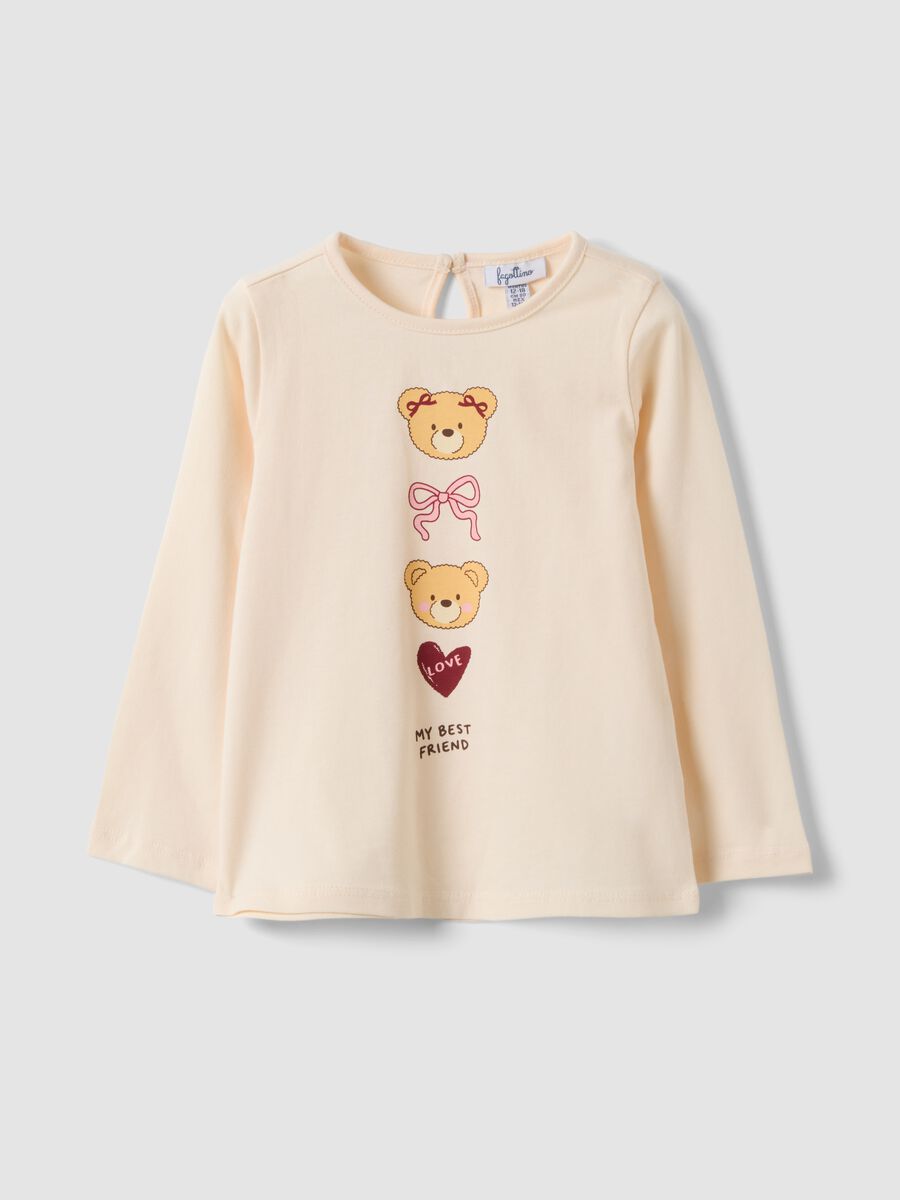 Maglietta beige in puro cotone organico con stampa orsetti per bimba_0