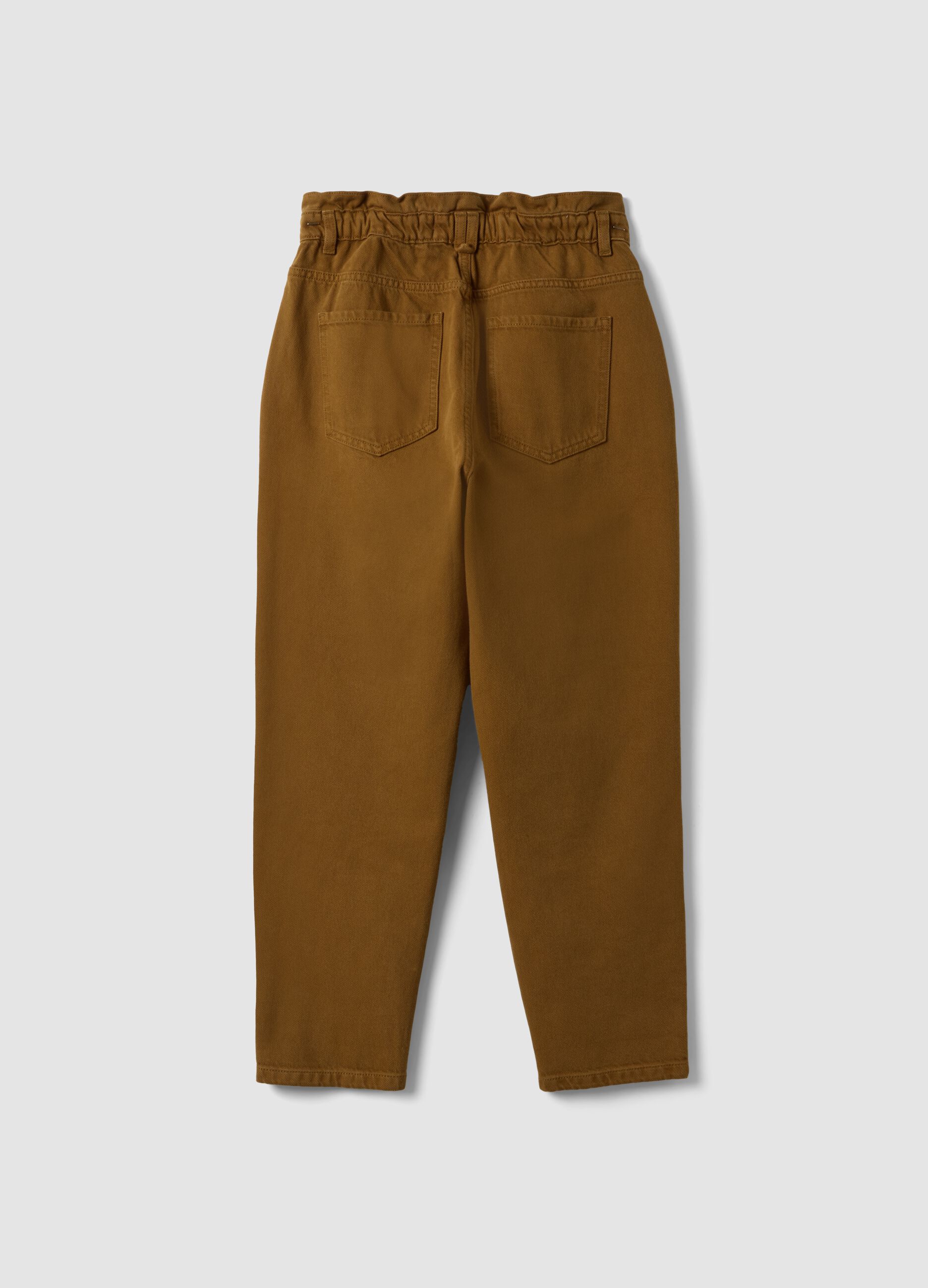 Bronze brown baggy-fit pure cotton denim jeans with paper-bag waist