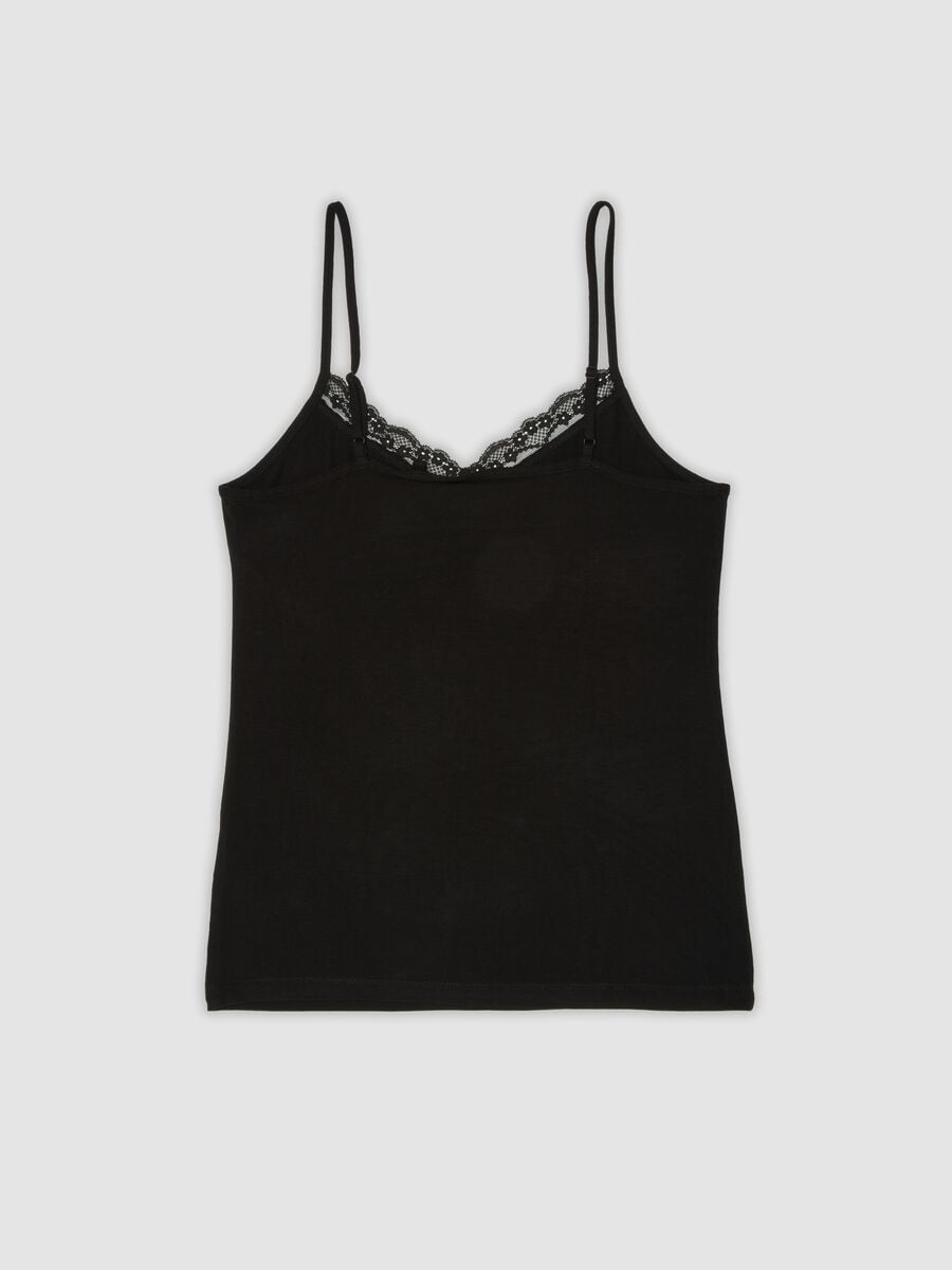 Black stretch viscose vest top with deep V-neck lace trim_1