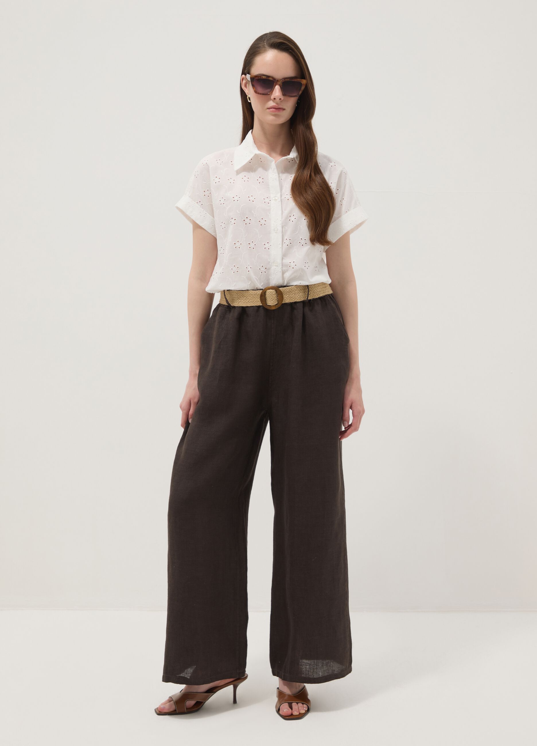 Braune Wide-Leg-Hose aus reinem Leinen mit elastischem Bund