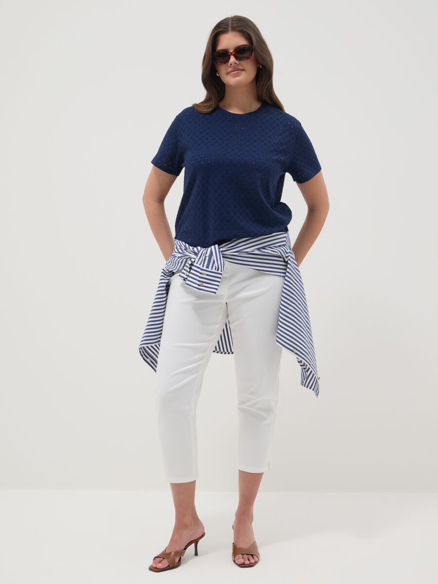 Camiseta azul de mezcla de algod&oacute;n calada_2