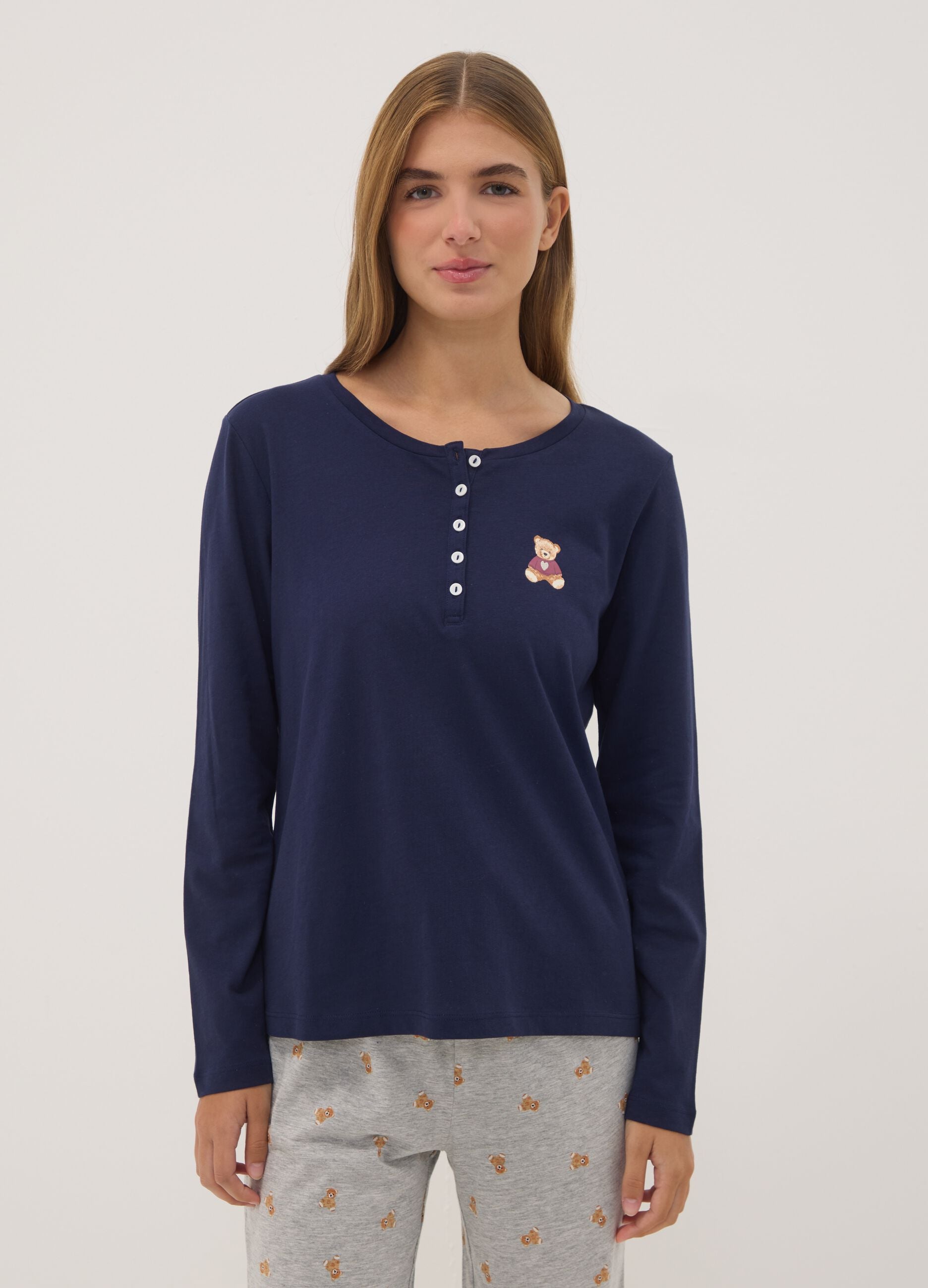 Navy pure organic cotton pyjamas with henley neckline