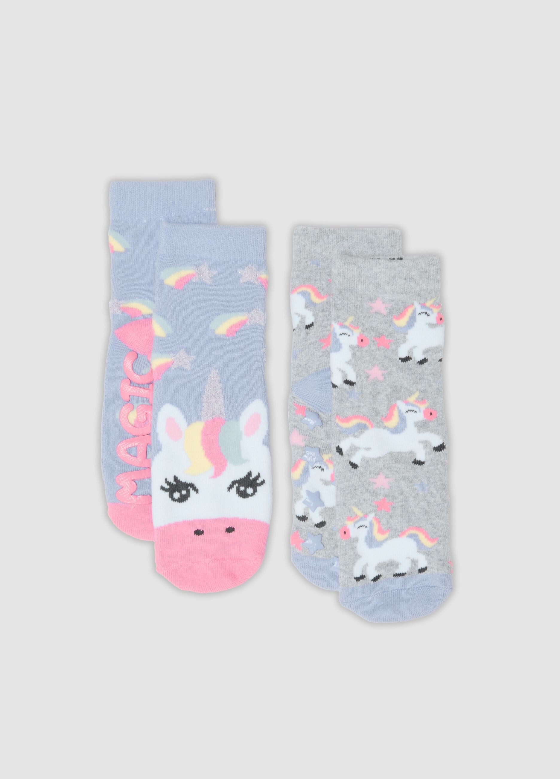2-pack of short non-slip socks in stretchy organic cotton with unicorns