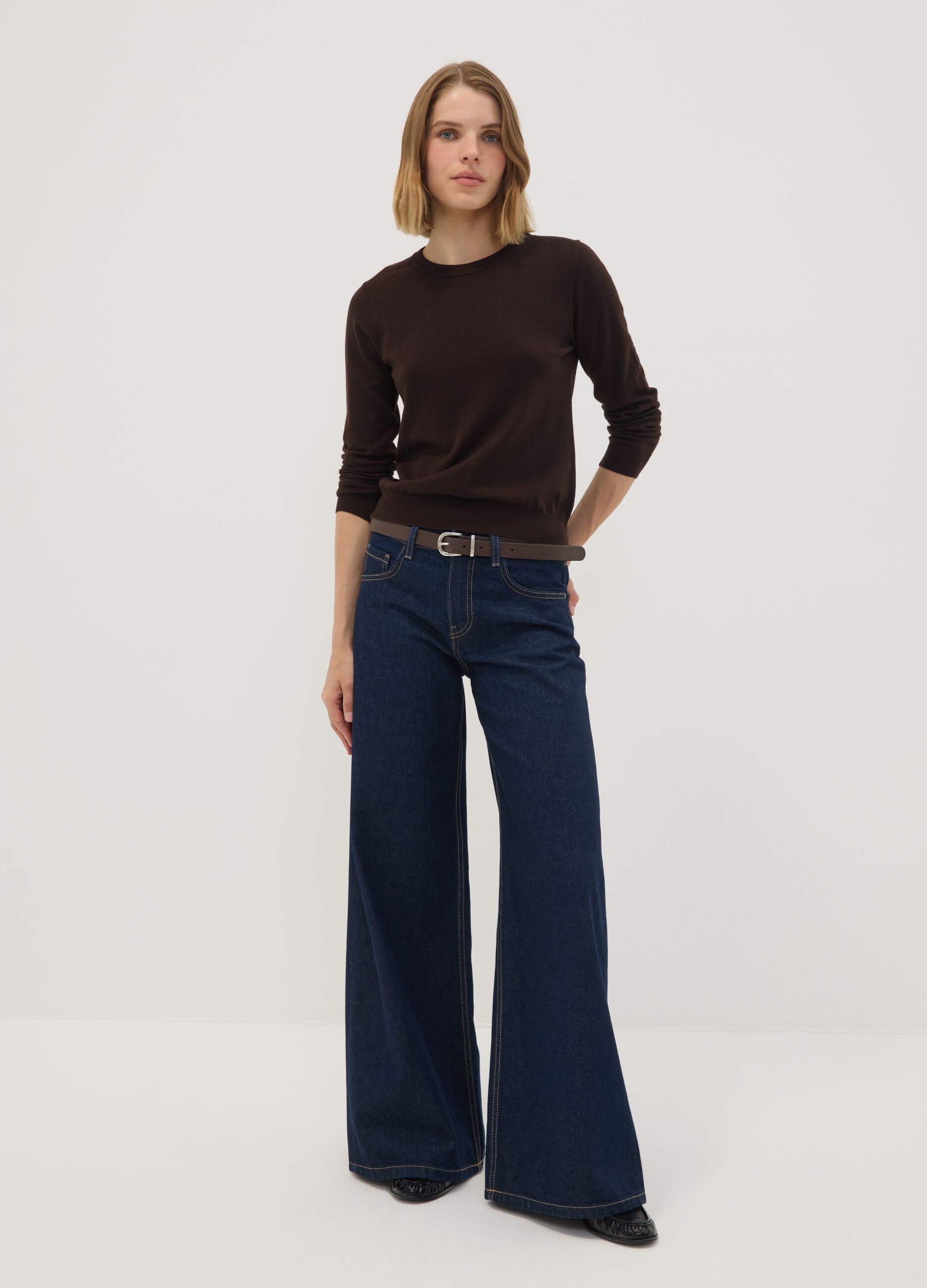 Brown crew-neck wool-blend jumper, regular fit