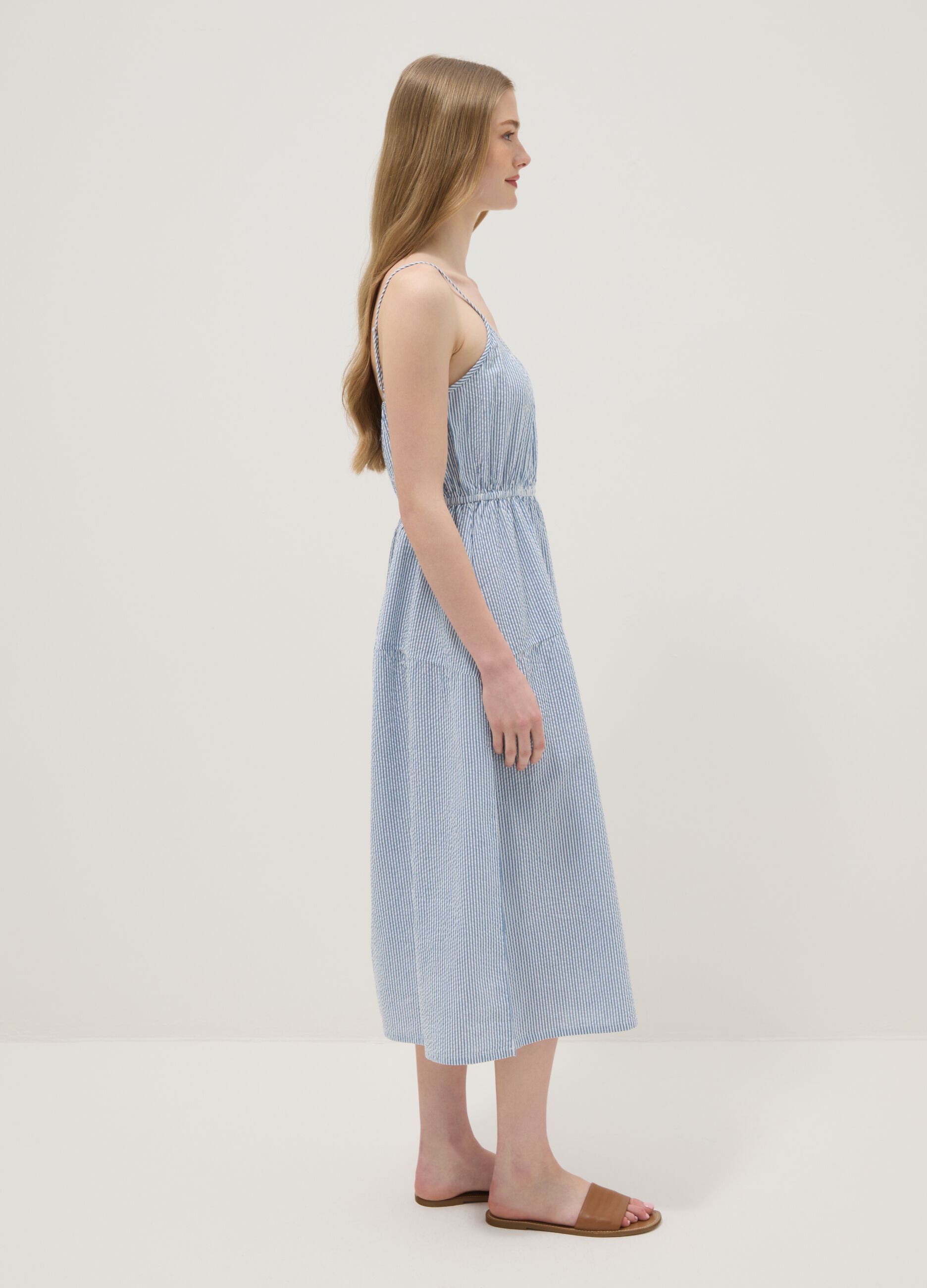 Blue striped pure cotton regular-fit dress with thin straps