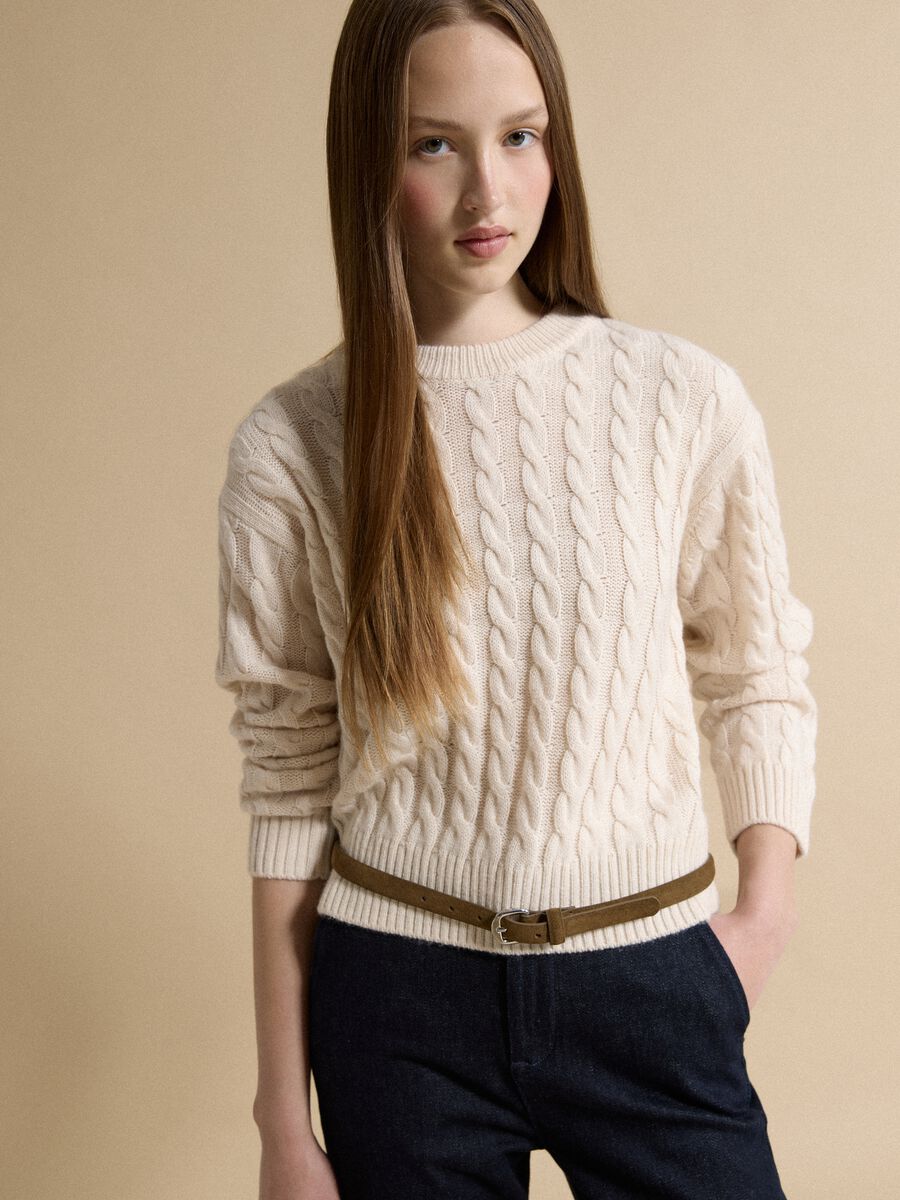 Beige wool-blend cable-knit crew-neck jumper in an oversized fit_1