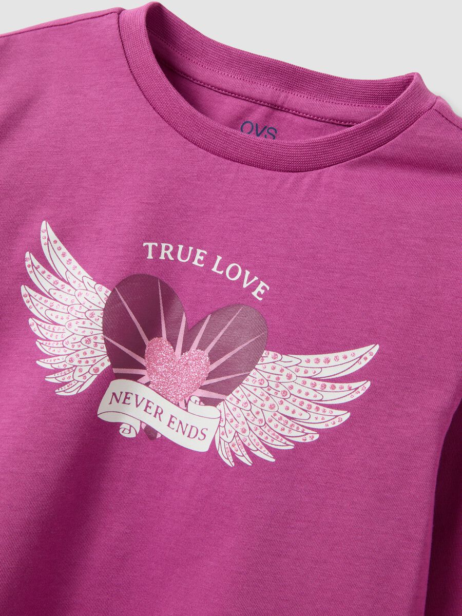 Purple pure organic cotton T-shirt with heart and wings print for girls_2
