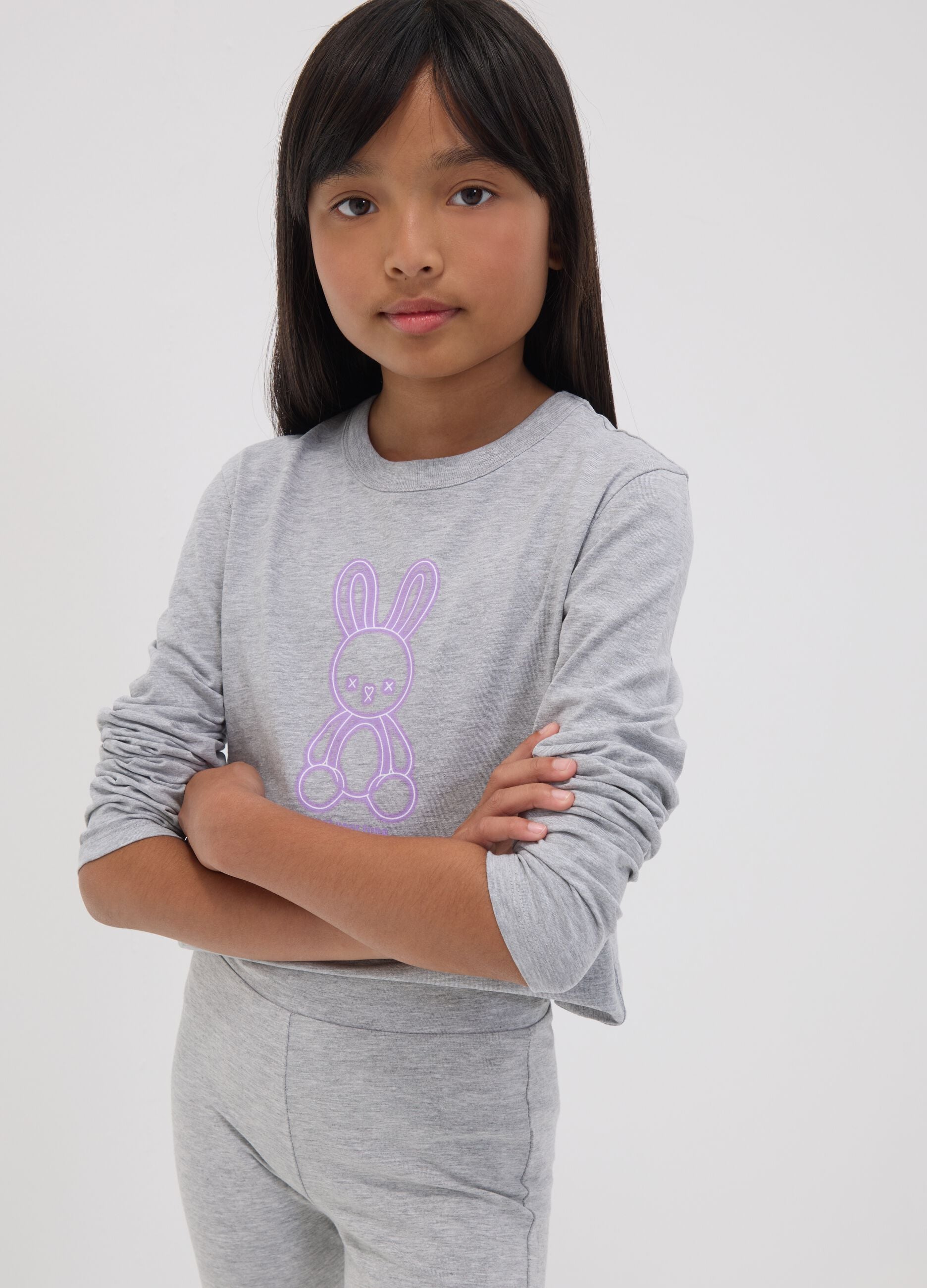 Girls&rsquo; grey organic cotton crop T-shirt with ribbed neckline