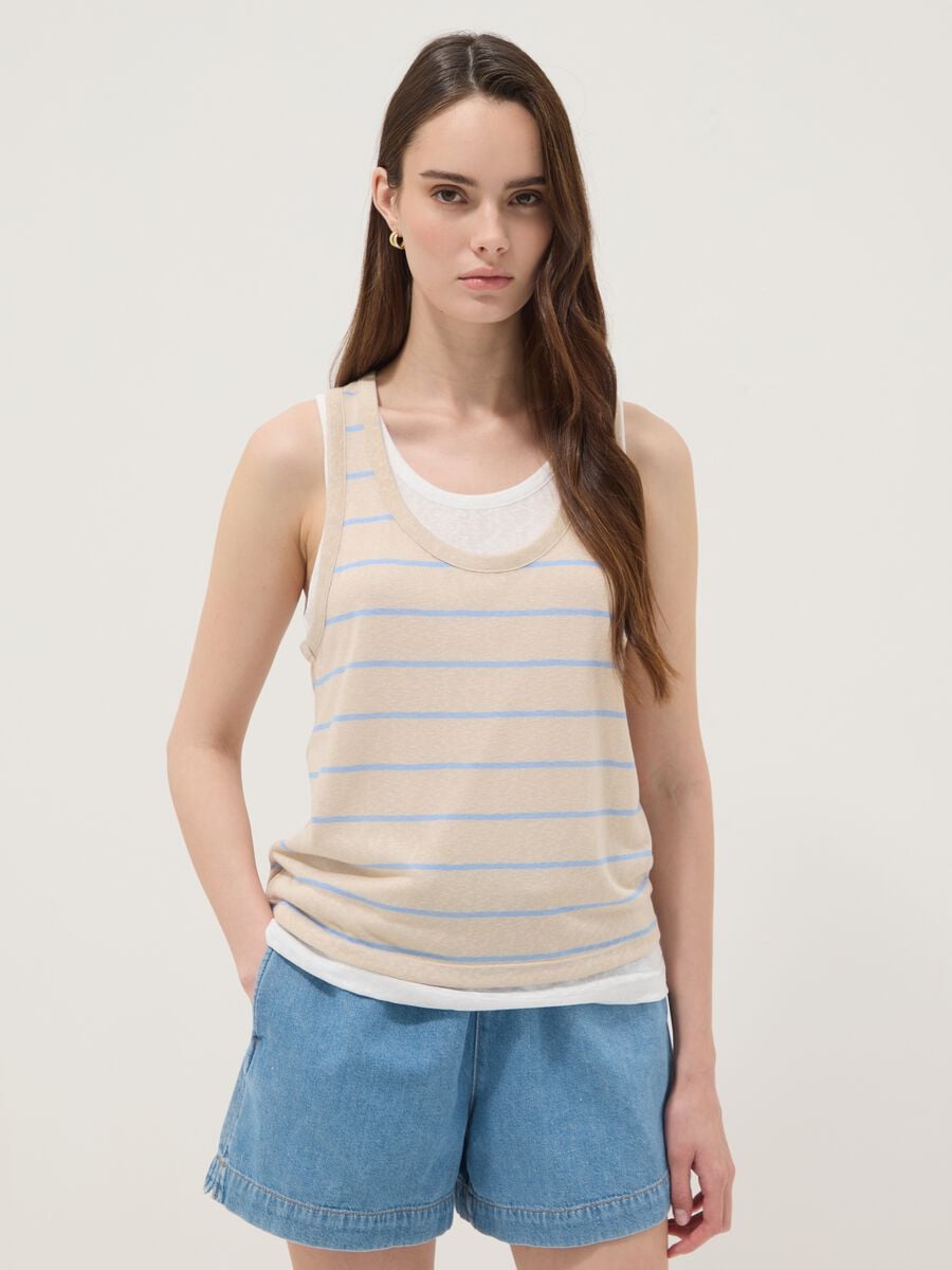 Beige striped viscose-blend tank top, regular fit_1