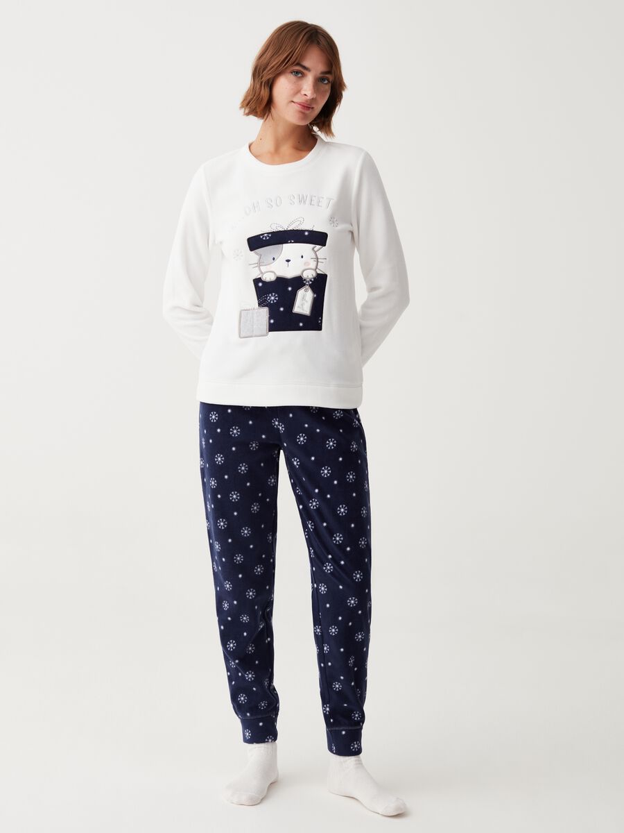 Full-length fleece pyjamas with cat embroidery_0