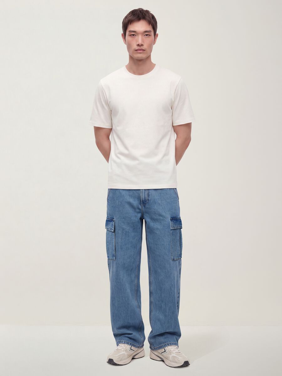 Blue pure cotton wide-leg cargo jeans_0