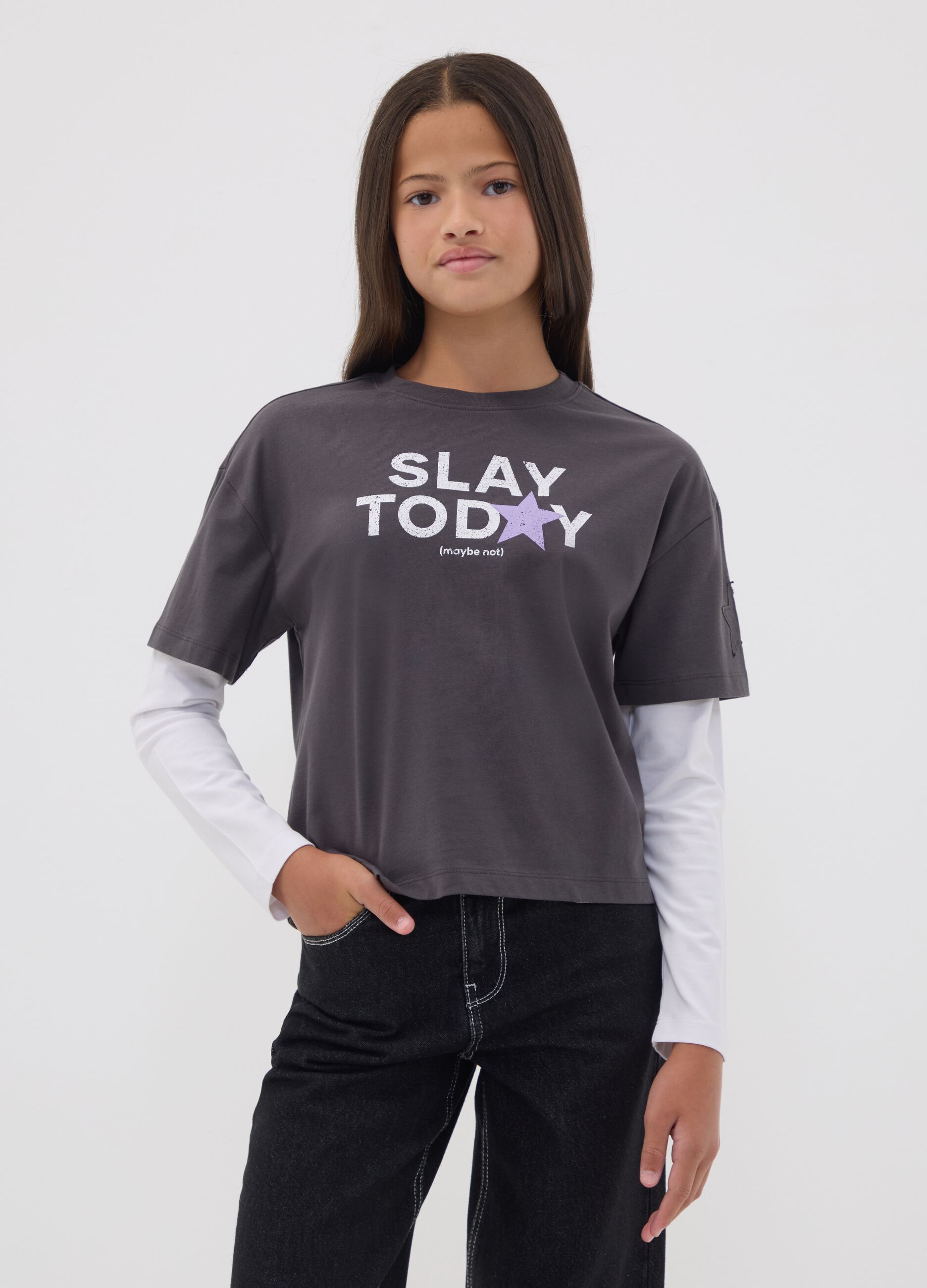 Girls&rsquo; grey oversized pure cotton T-shirt with double sleeves