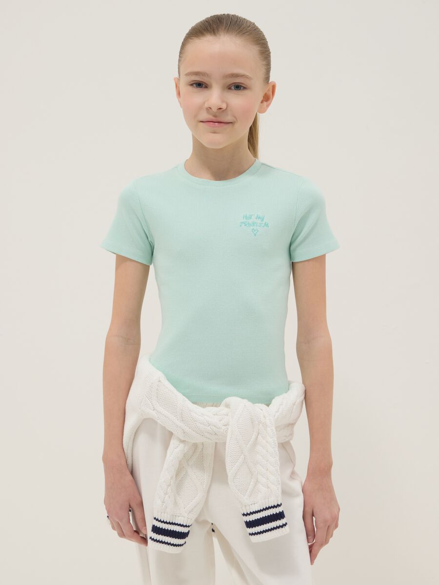 Blue fitted cotton stretch T-shirt for girls with embroidery_0