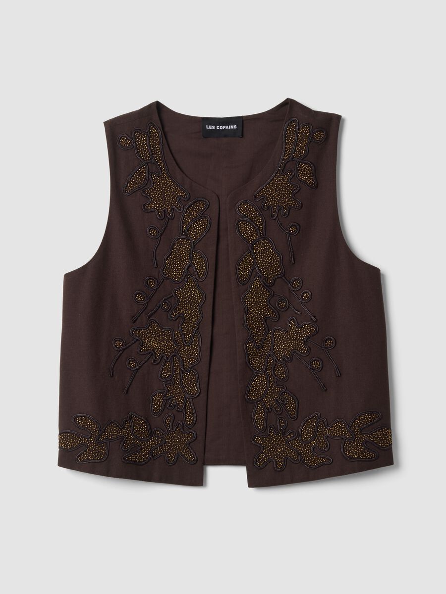 Brown cotton-linen blend waistcoat with floral embroidery_4