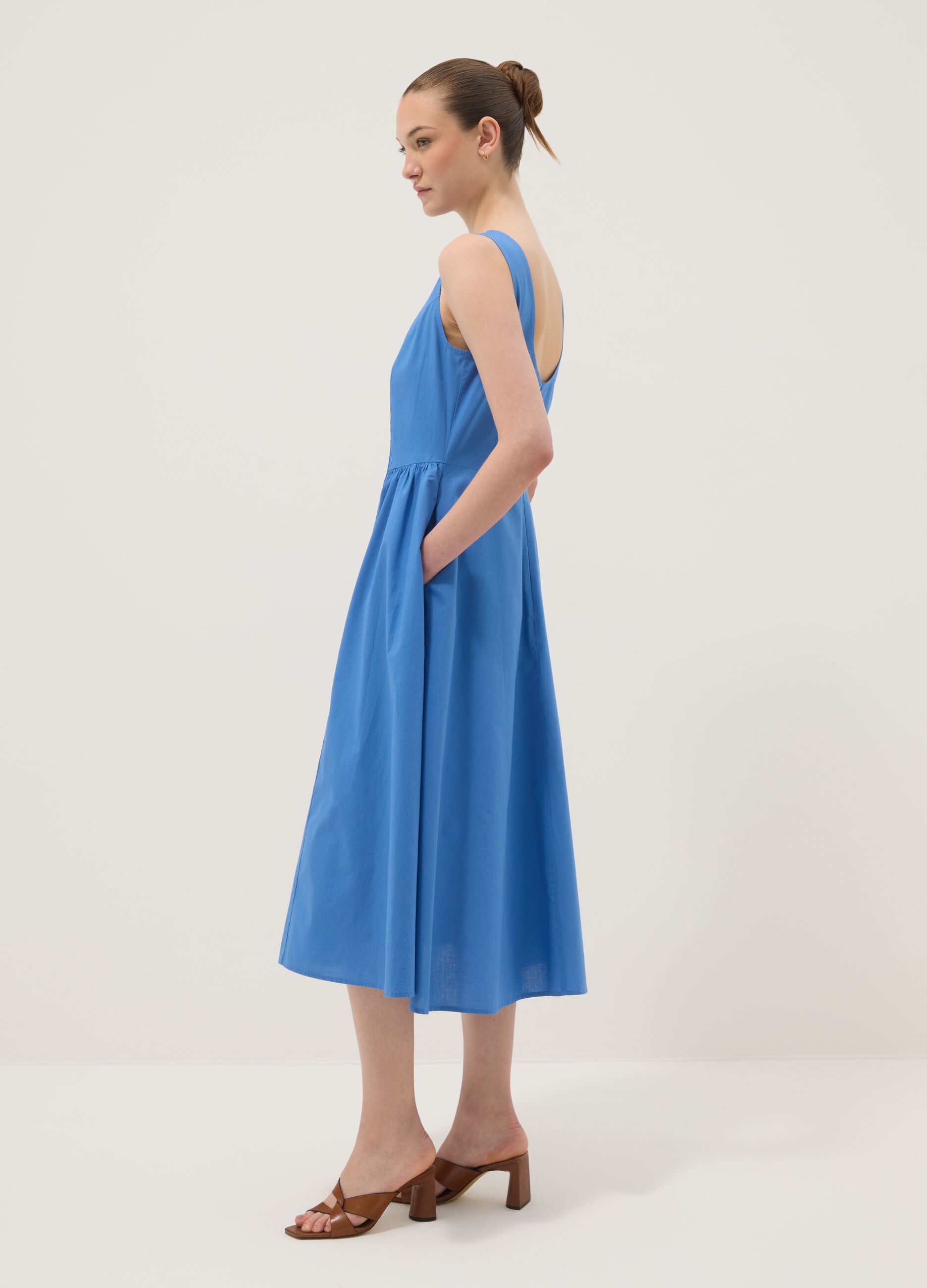 Blue pure cotton dress with boat neckline