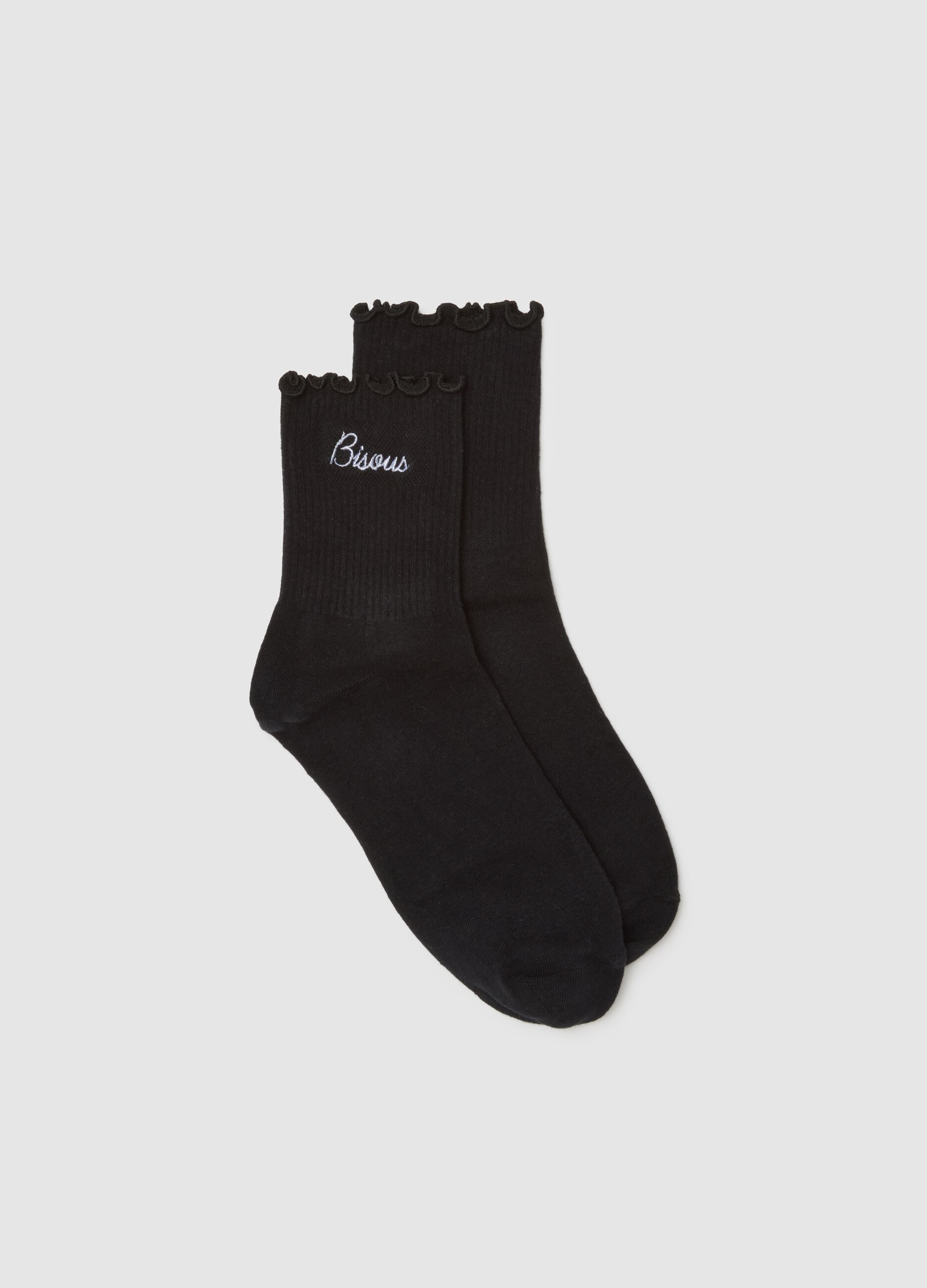 Black Cotton Blend Socks with Ruffled Edges