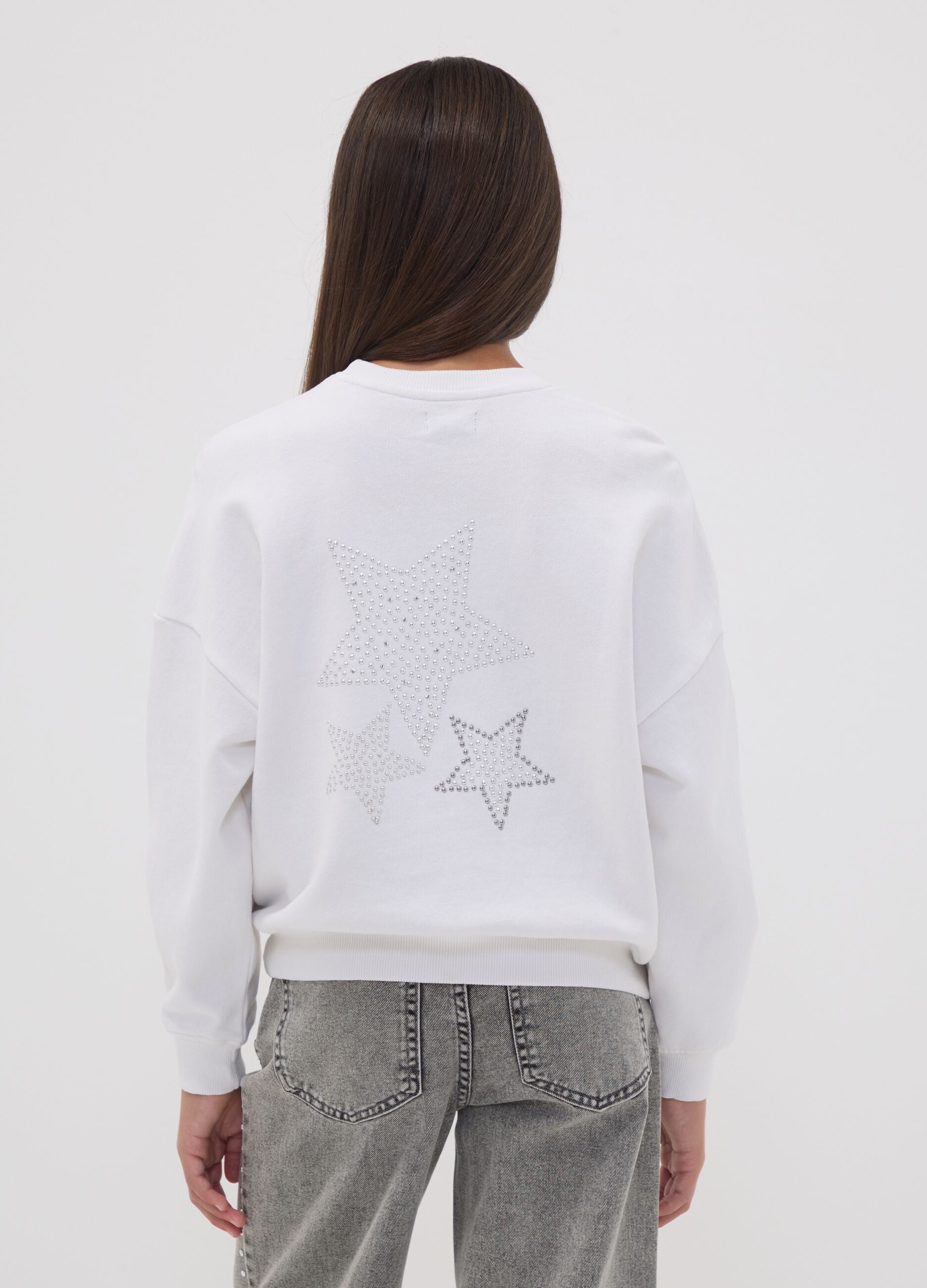 Sweatshirt branca oversized em algod&atilde;o puro com estrelas para menina