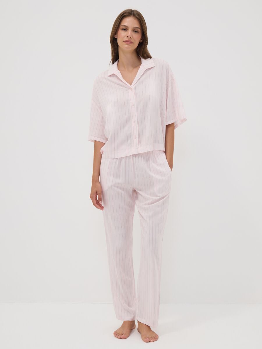 Pink pure viscose striped V-neck pyjamas, regular fit_0
