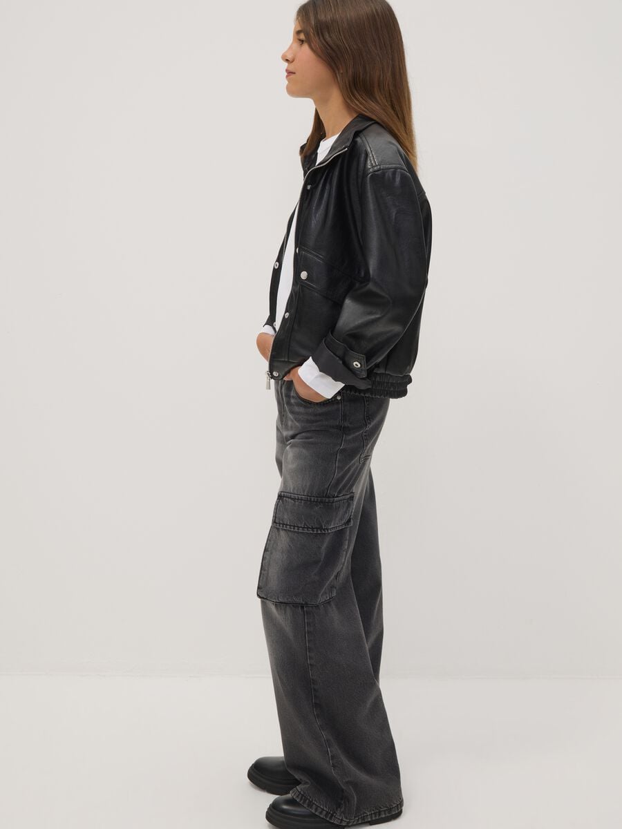 Girls&rsquo; grey cargo jeans in pure cotton, relaxed fit_1