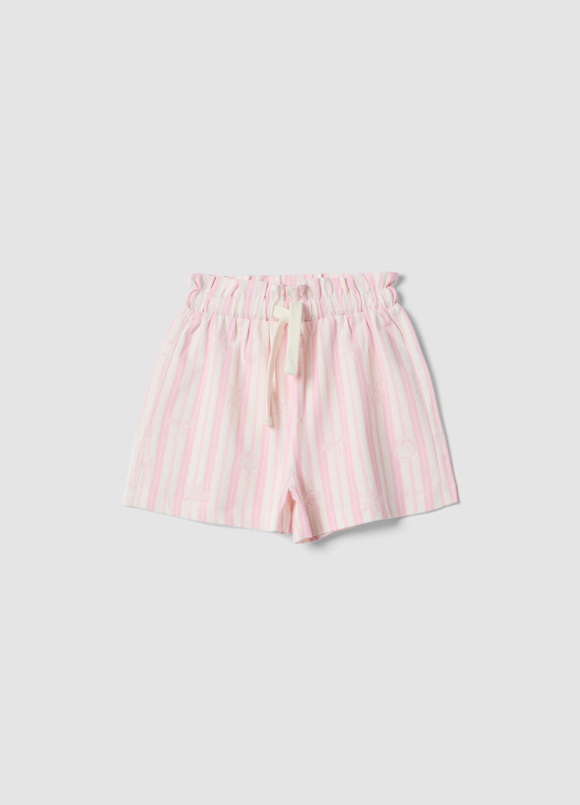 Girls&rsquo; pure cotton white and pink striped shorts with prints