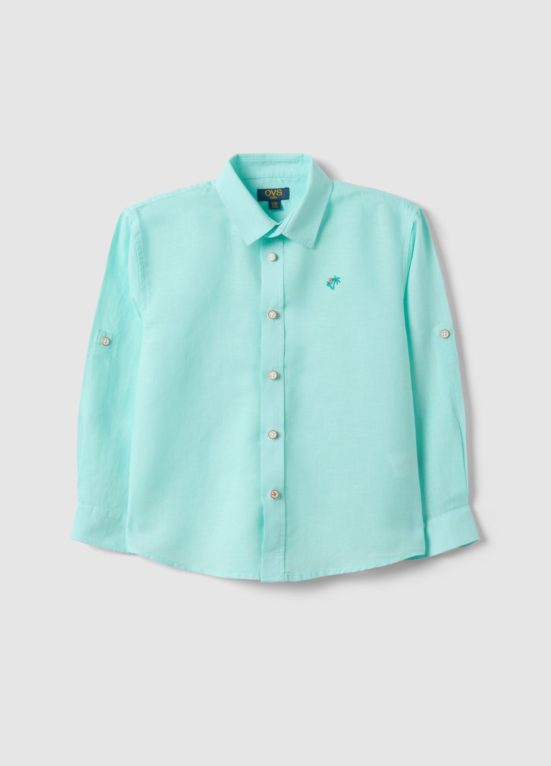 Regular fit blue linen blend boys' shirt with embroidery