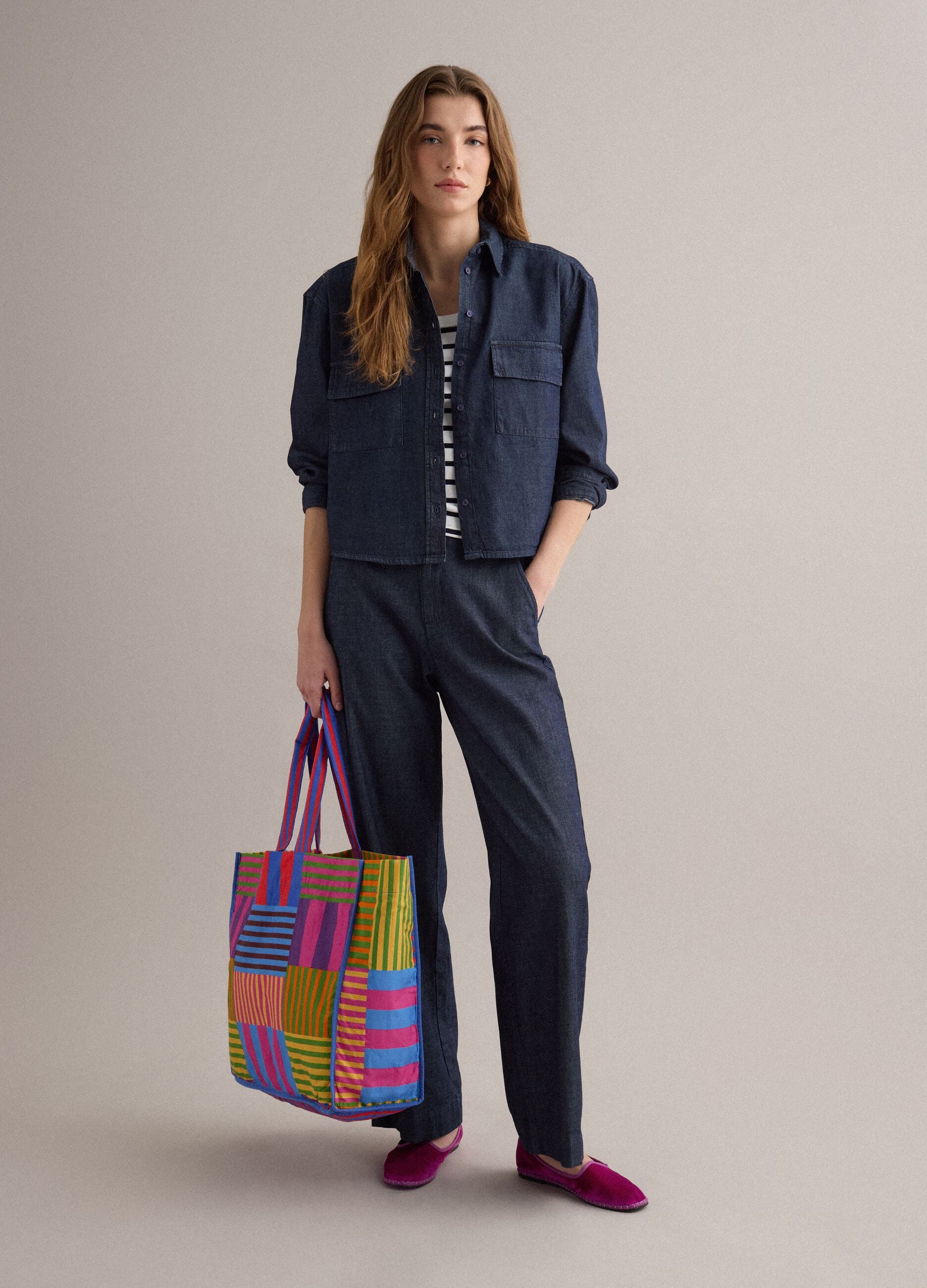 Bolsa shopper en algod&oacute;n puro con rayas multicolor