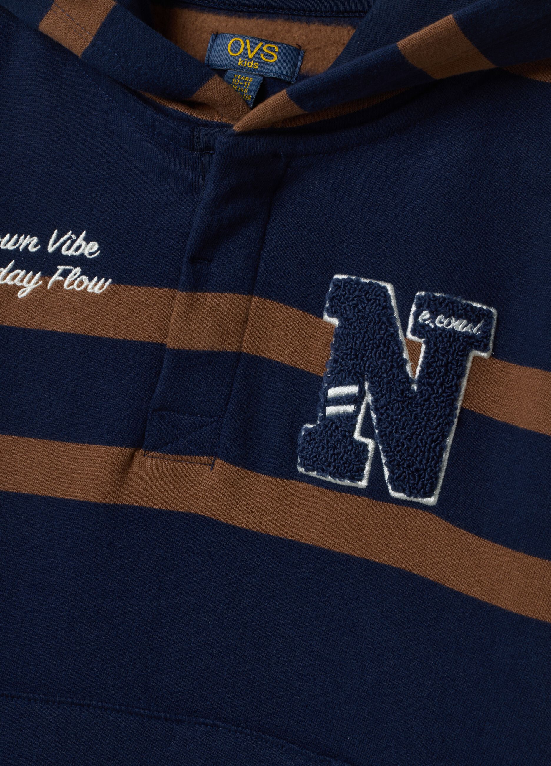 Navy and brown pure cotton fleece hoodie, relaxed fit