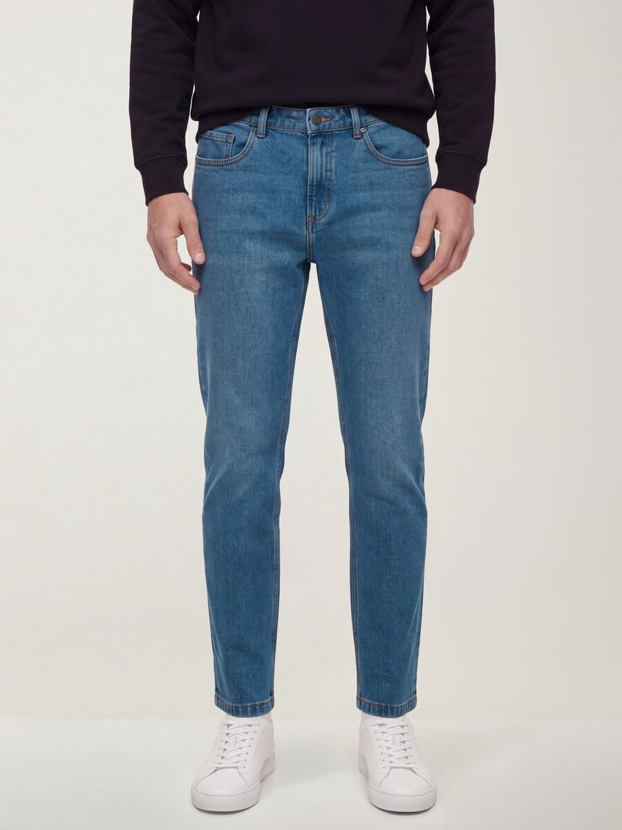 Light blue cotton and viscose blend slim-fit jeans_1