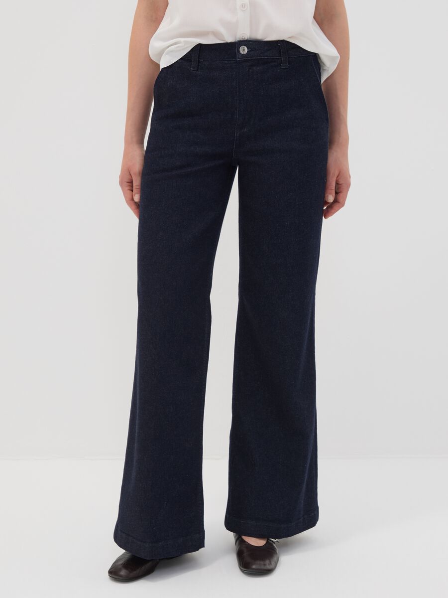 Dark blue high-waisted wide-leg stretch cotton jeans_2