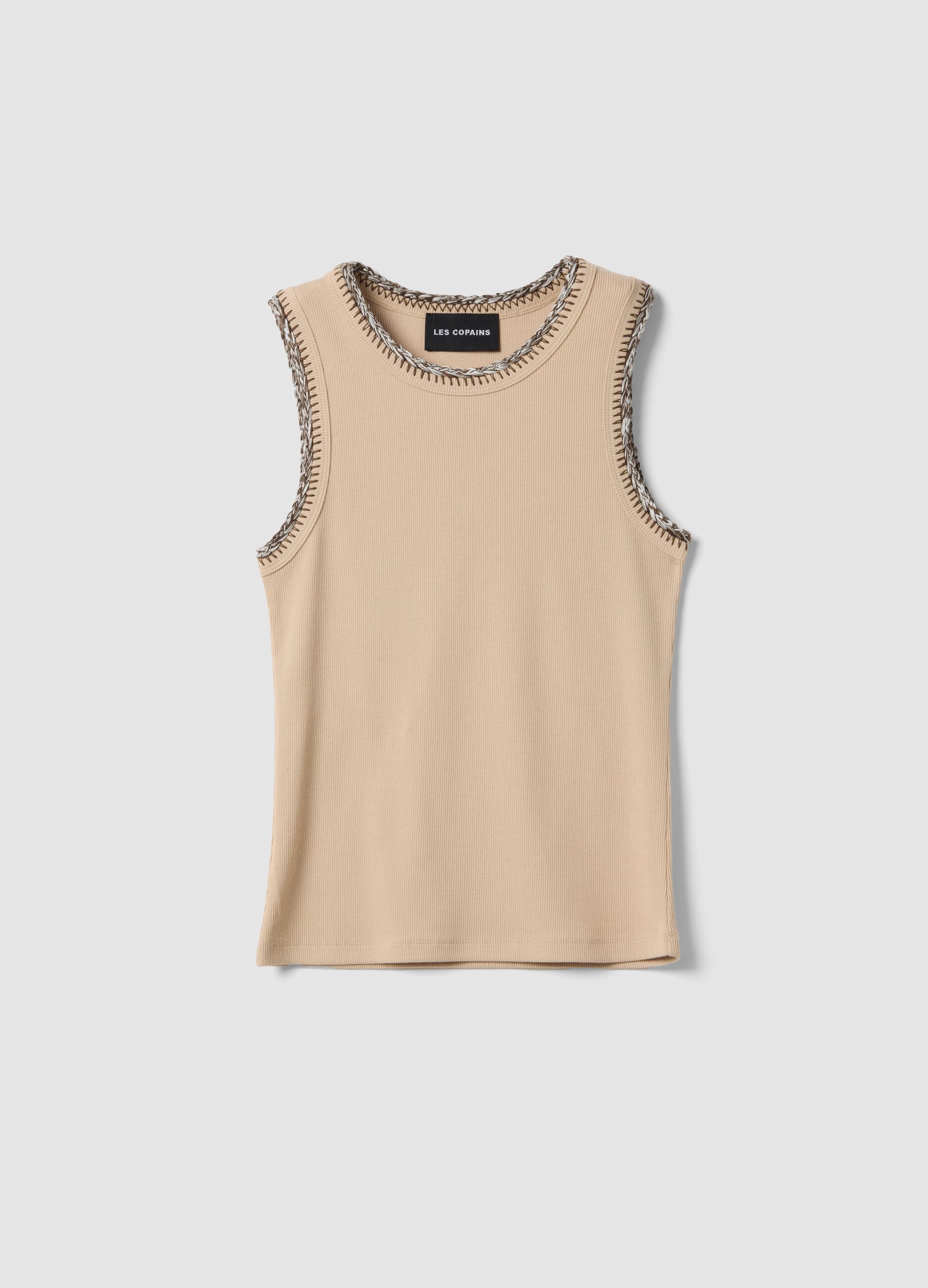 Beige Stretch-Baumwoll-Tanktop im Regular Fit mit bestickten Kanten