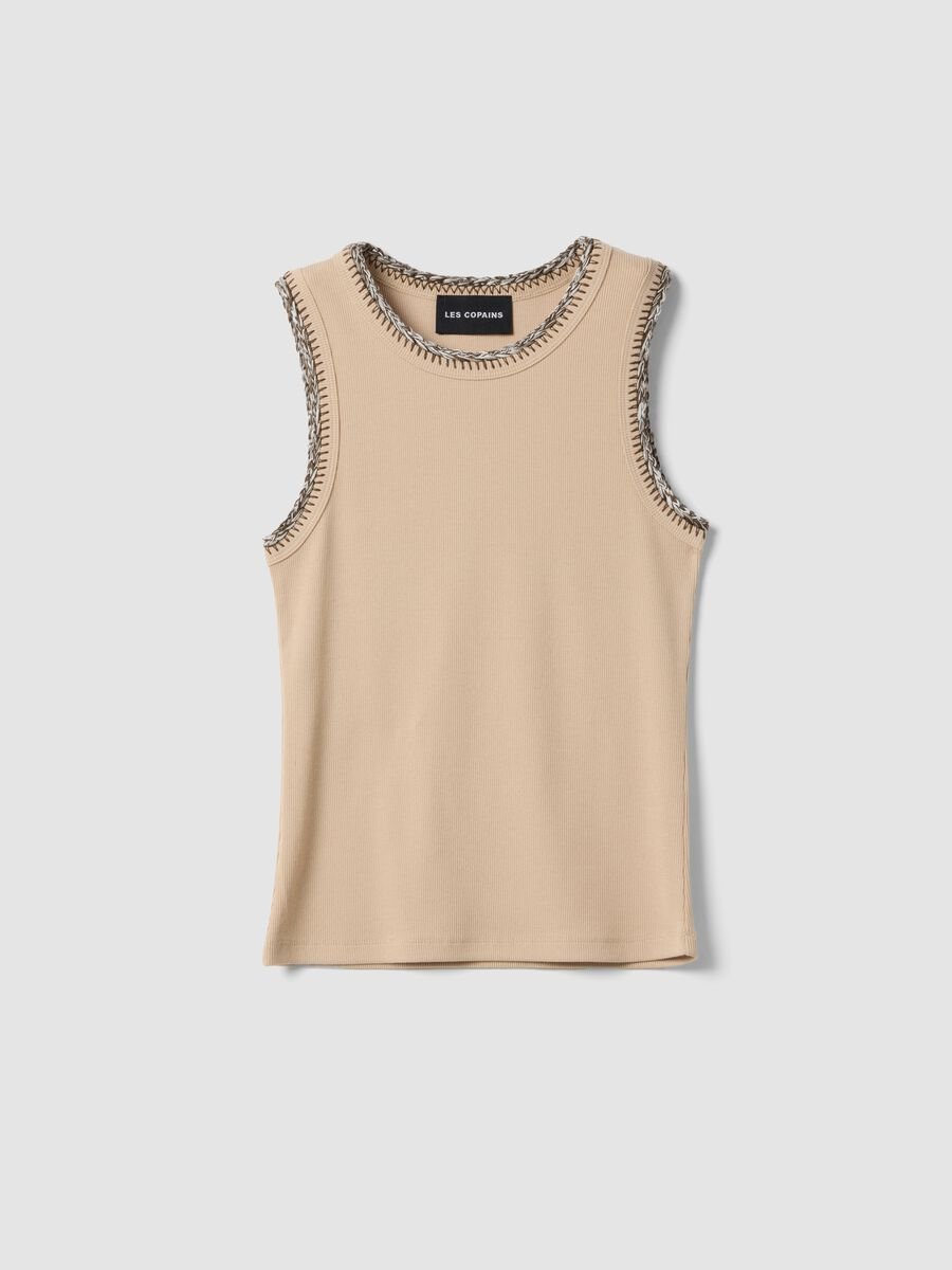 Beige Stretch-Baumwoll-Tanktop im Regular Fit mit bestickten Kanten_4