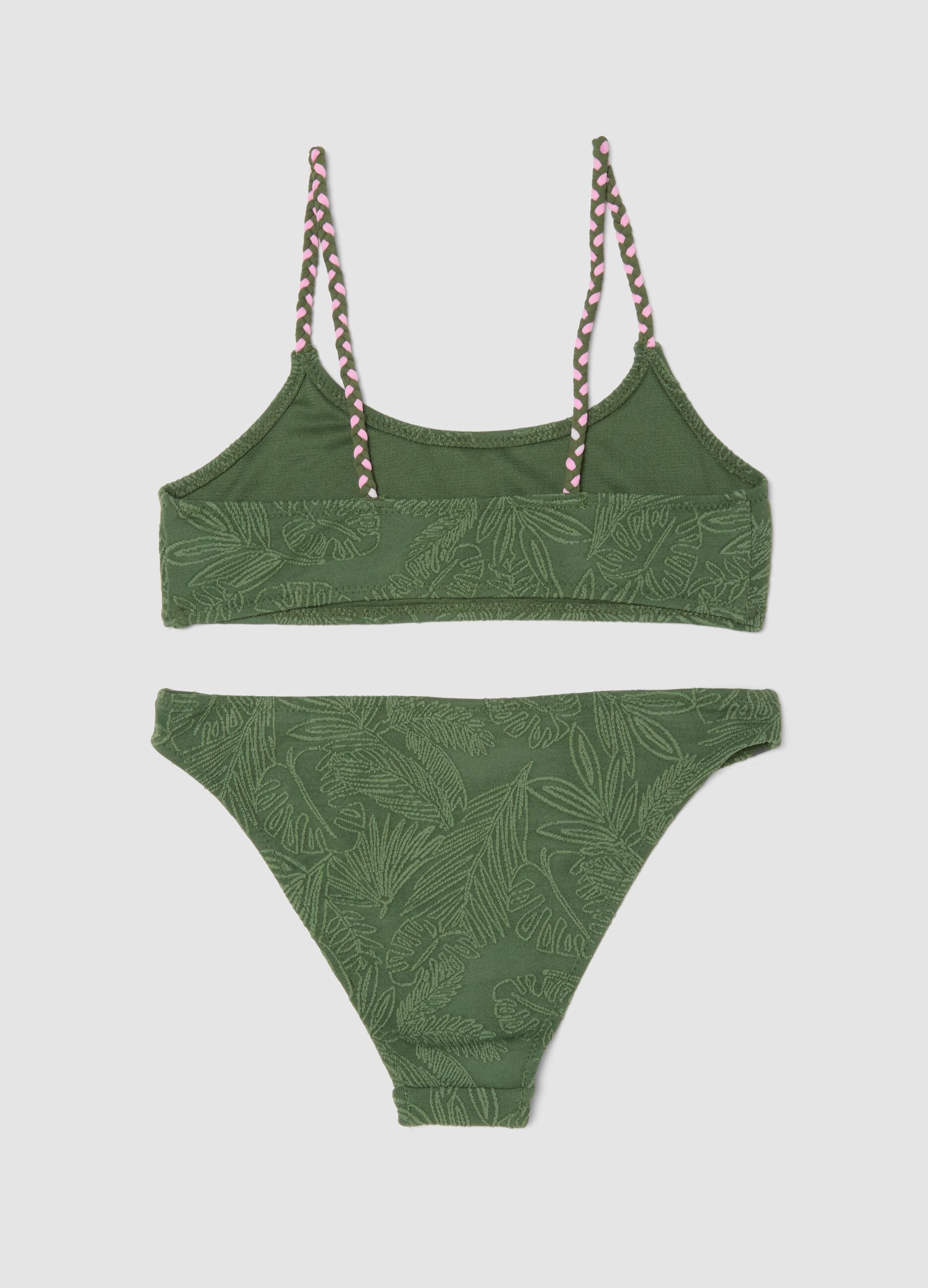 Green stretch bikini with foliage pattern