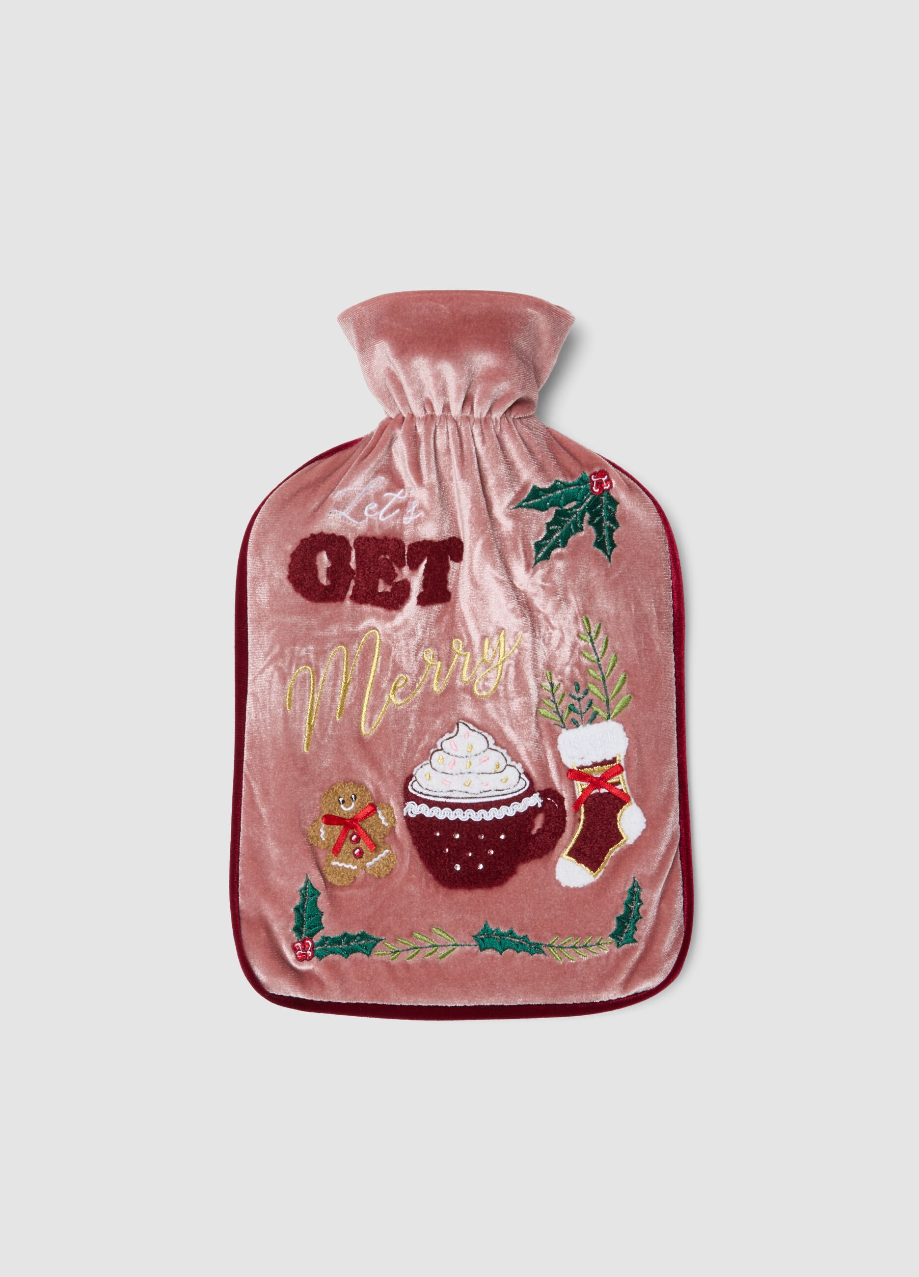 Pink hot water bottle with festive embroidery