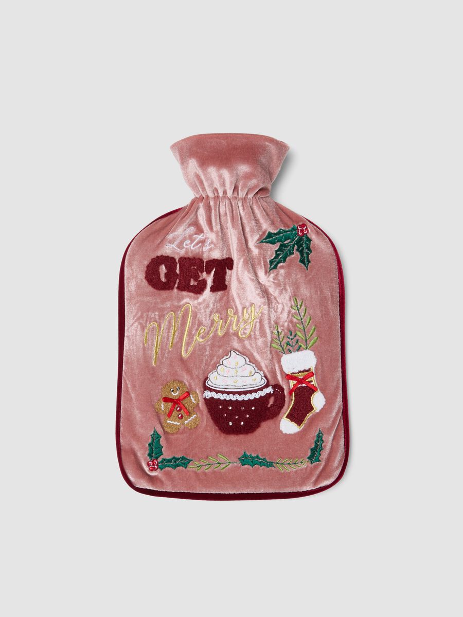 Pink hot water bottle with festive embroidery_0