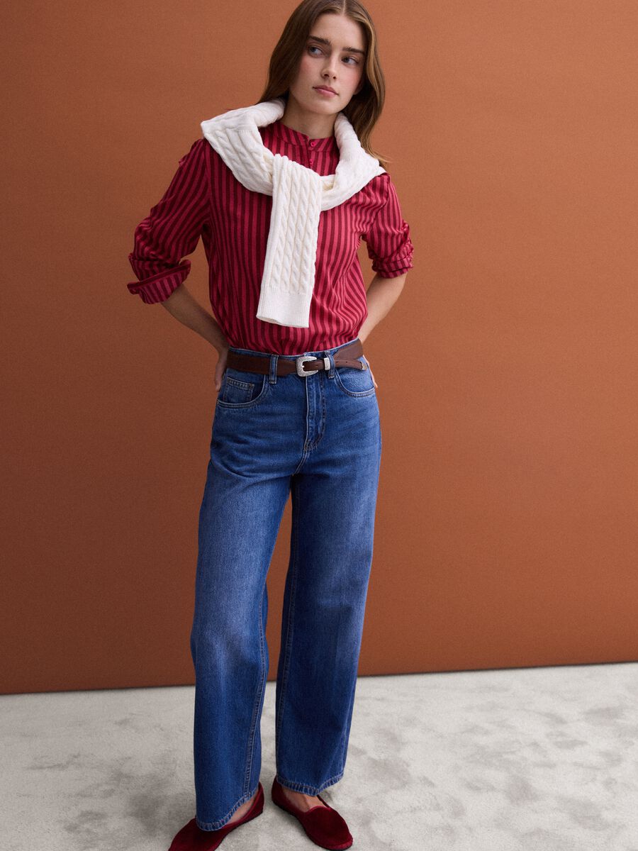 Red striped pure cotton shirt with band collar, regular fit_2