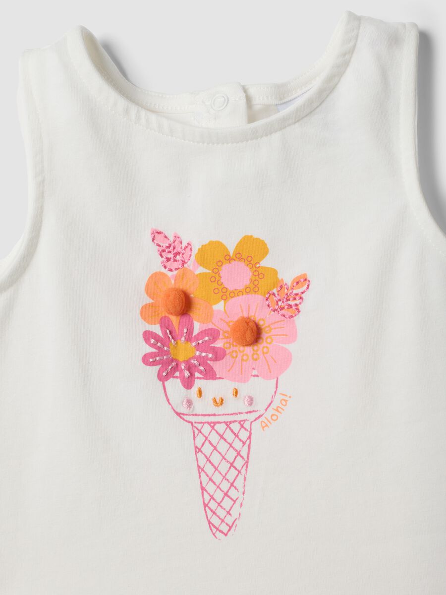 White fitted stretch cotton tank top with floral print for baby girl_2