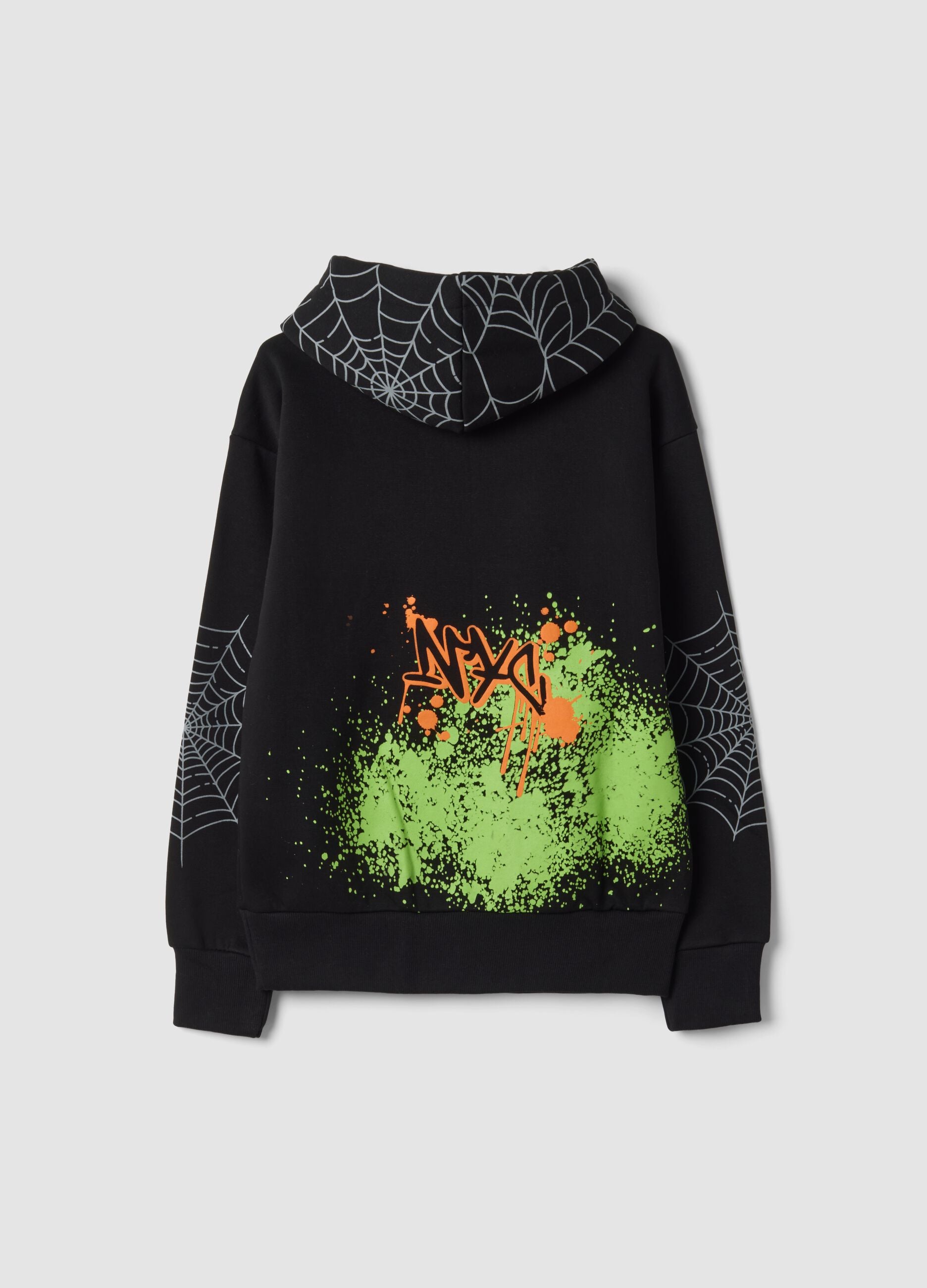 Sweatshirt com capuz preta em mistura de algod&atilde;o com padr&atilde;o graffiti, corte regular