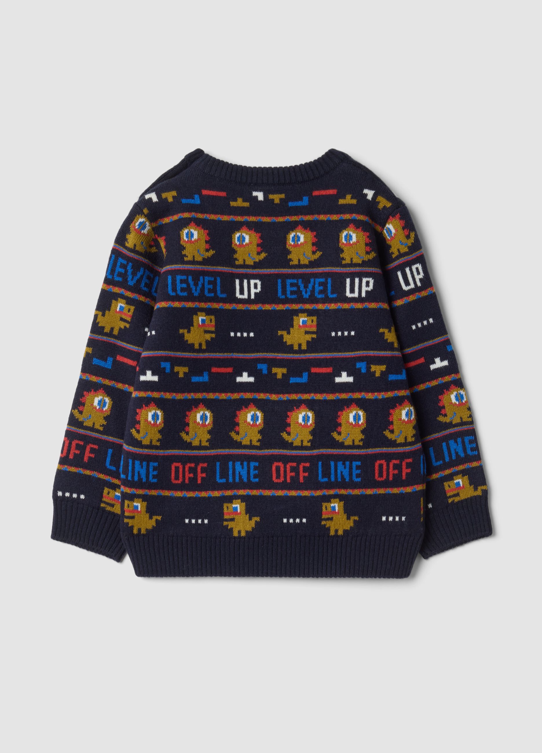 Blue crew-neck jacquard knit jumper, regular fit
