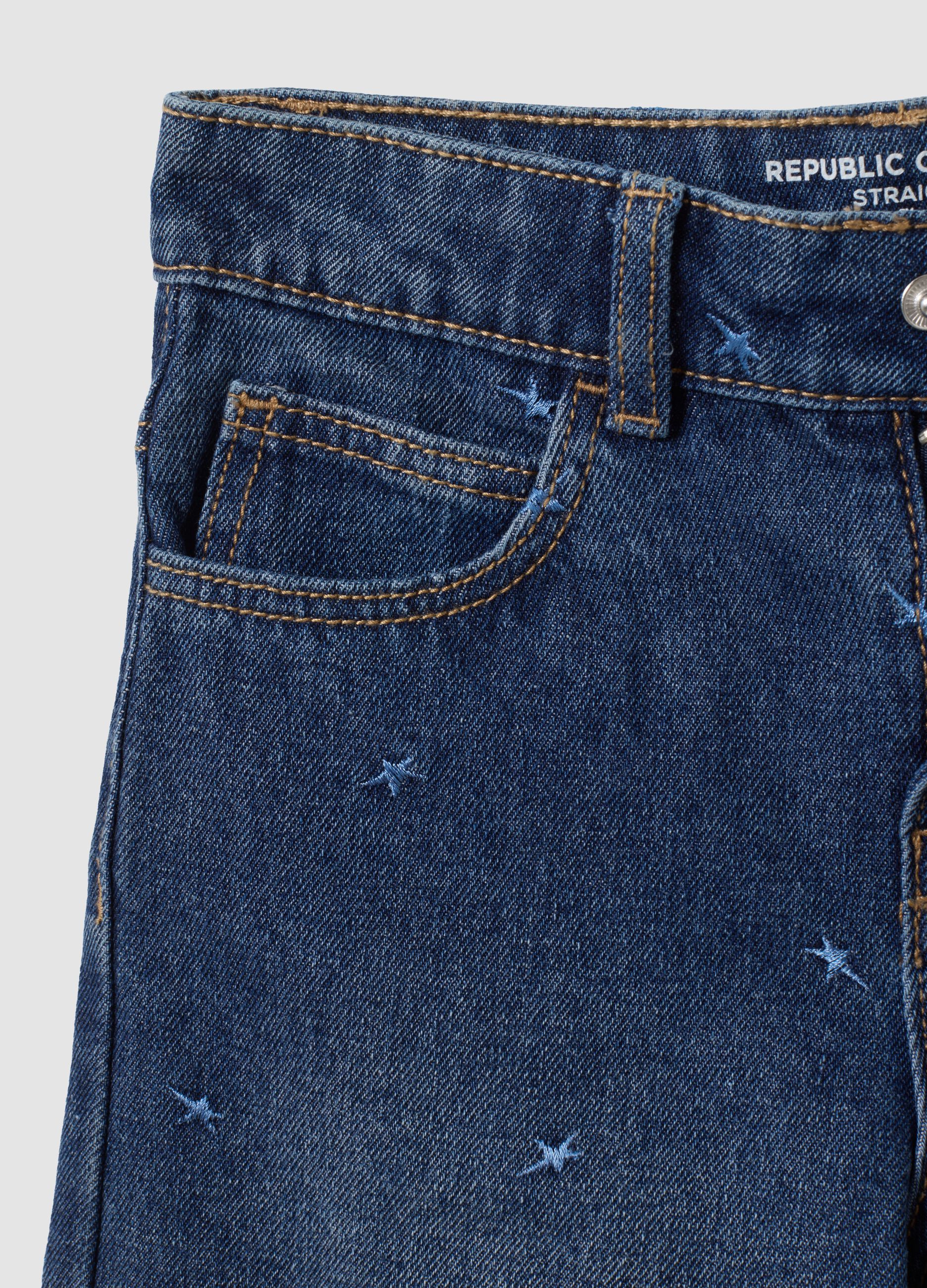 Blue cotton-blend jeans with viscose and lyocell, embroidered, for girls