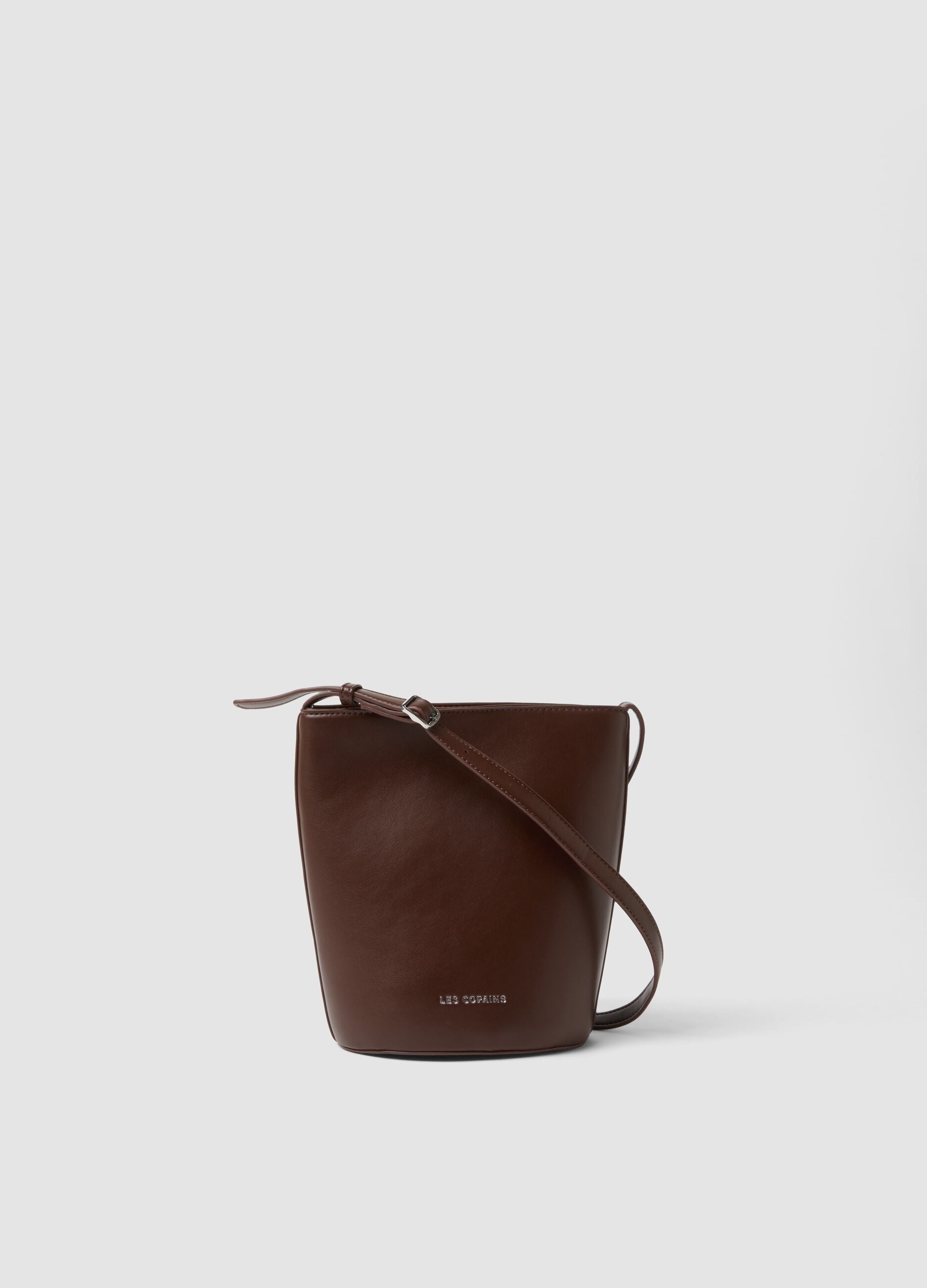 Brown bucket bag with adjustable shoulder strap