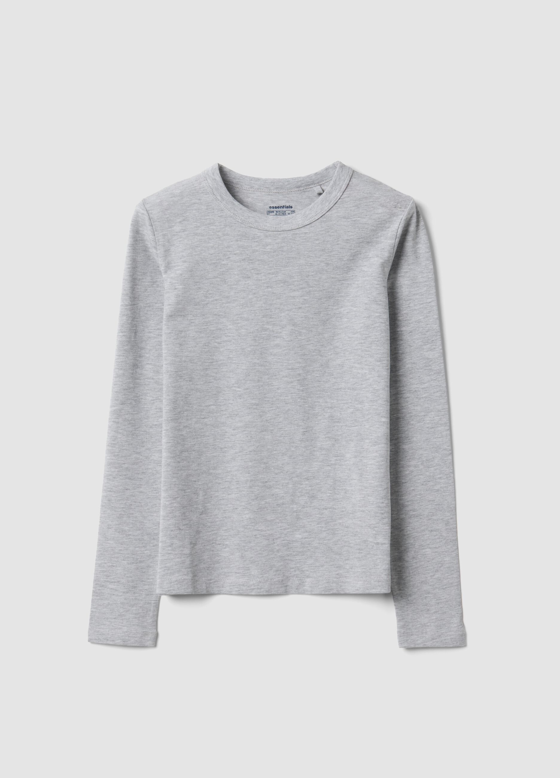 Graues T-Shirt aus Bio-Baumwolle und elastischer Viskose mit Rippkragen f&uuml;r M&auml;dchen