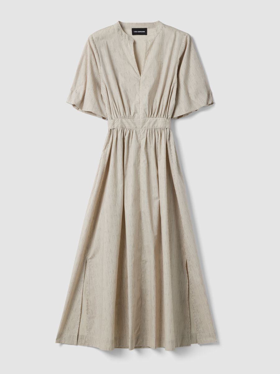Beiges Maxikleid aus reiner Baumwolle mit Streifen, Regular Fit und V-Ausschnitt_4