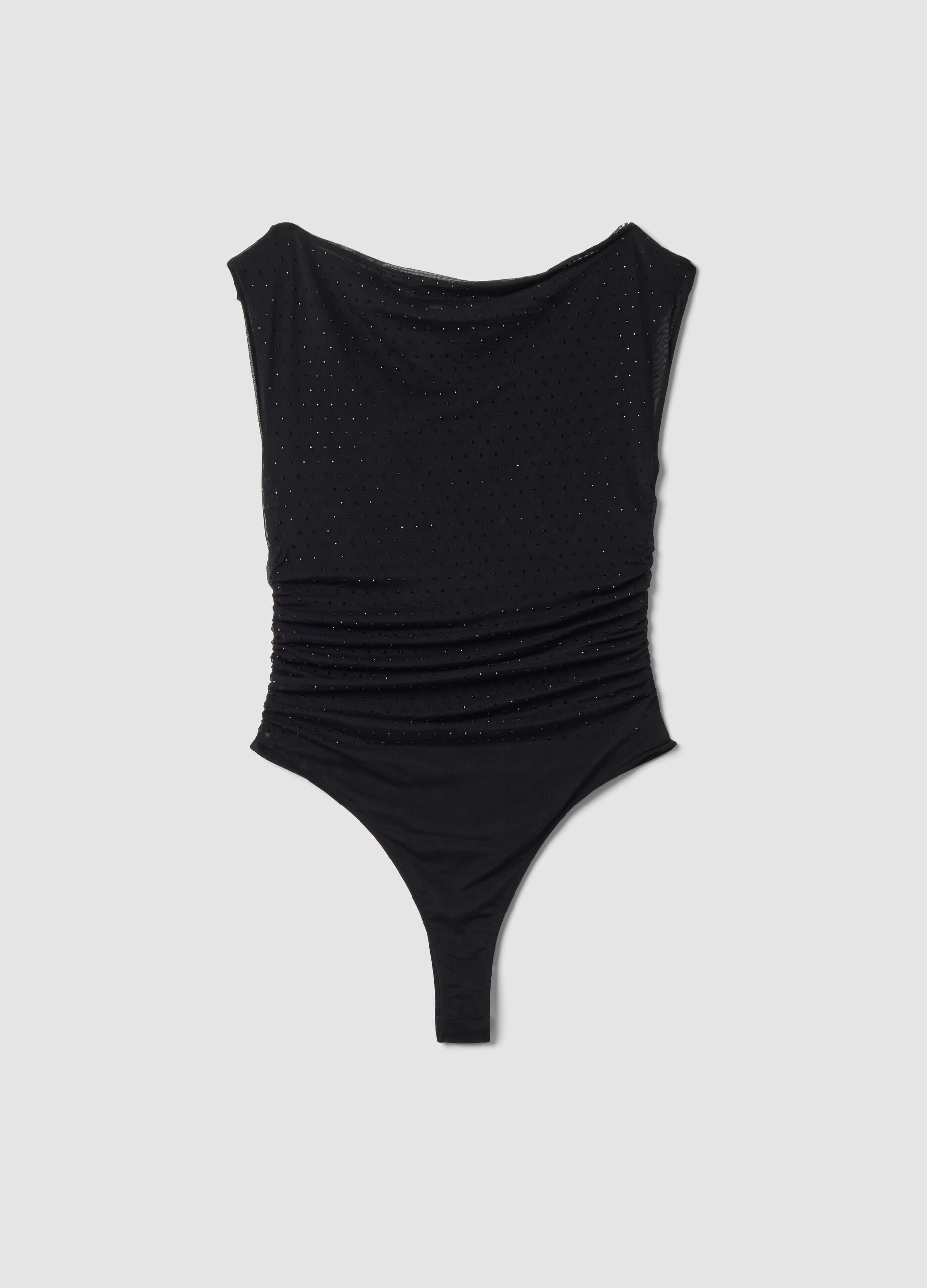 Body nero in tessuto elasticizzato con strass fitted
