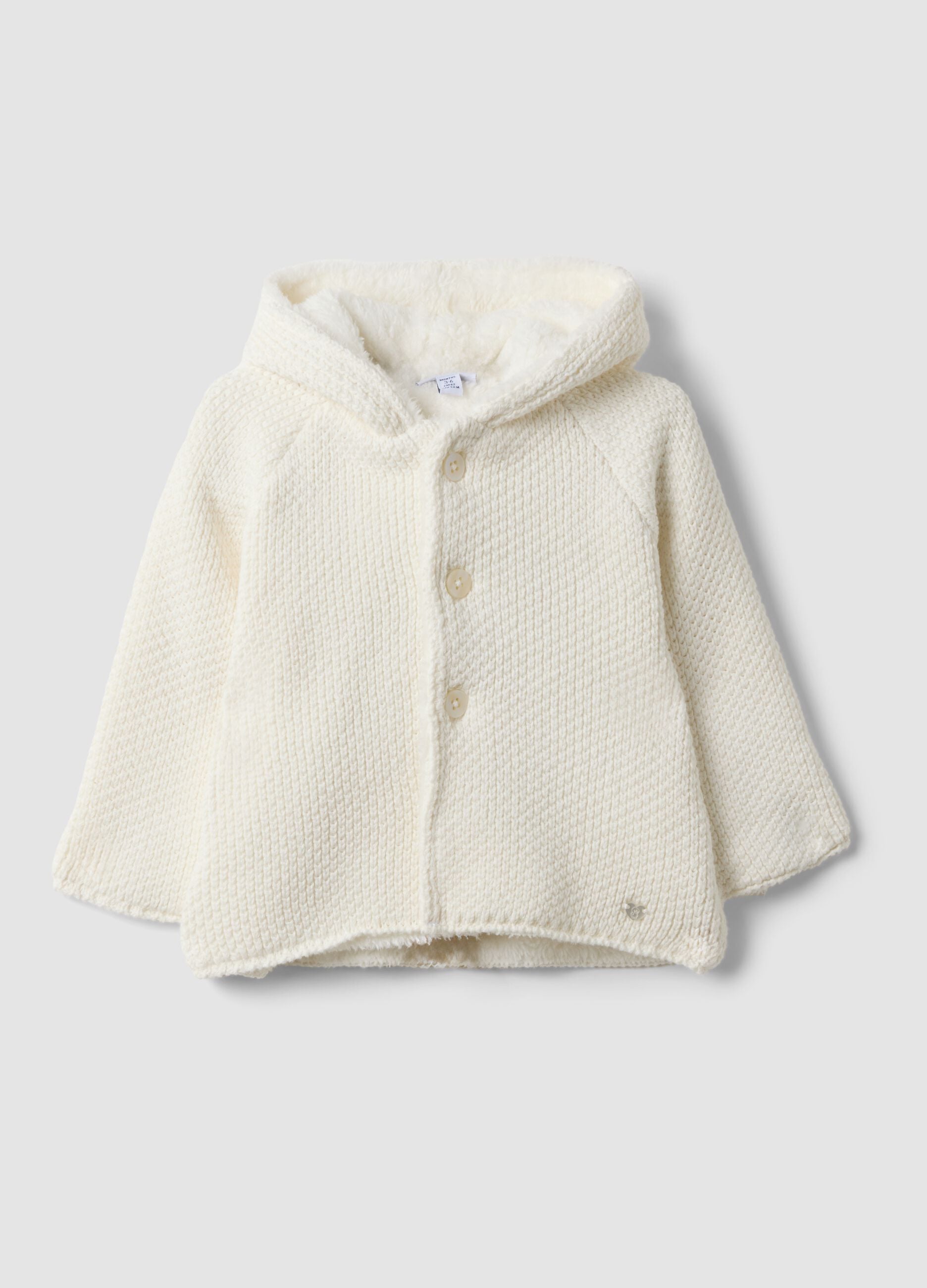 Giacca bianca in puro cotone organico con cappuccio effetto peluche