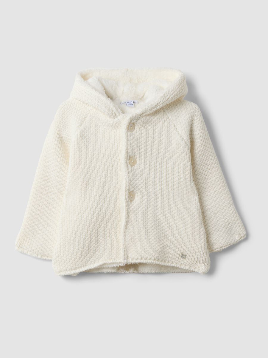 Giacca bianca in puro cotone organico con cappuccio effetto peluche_0