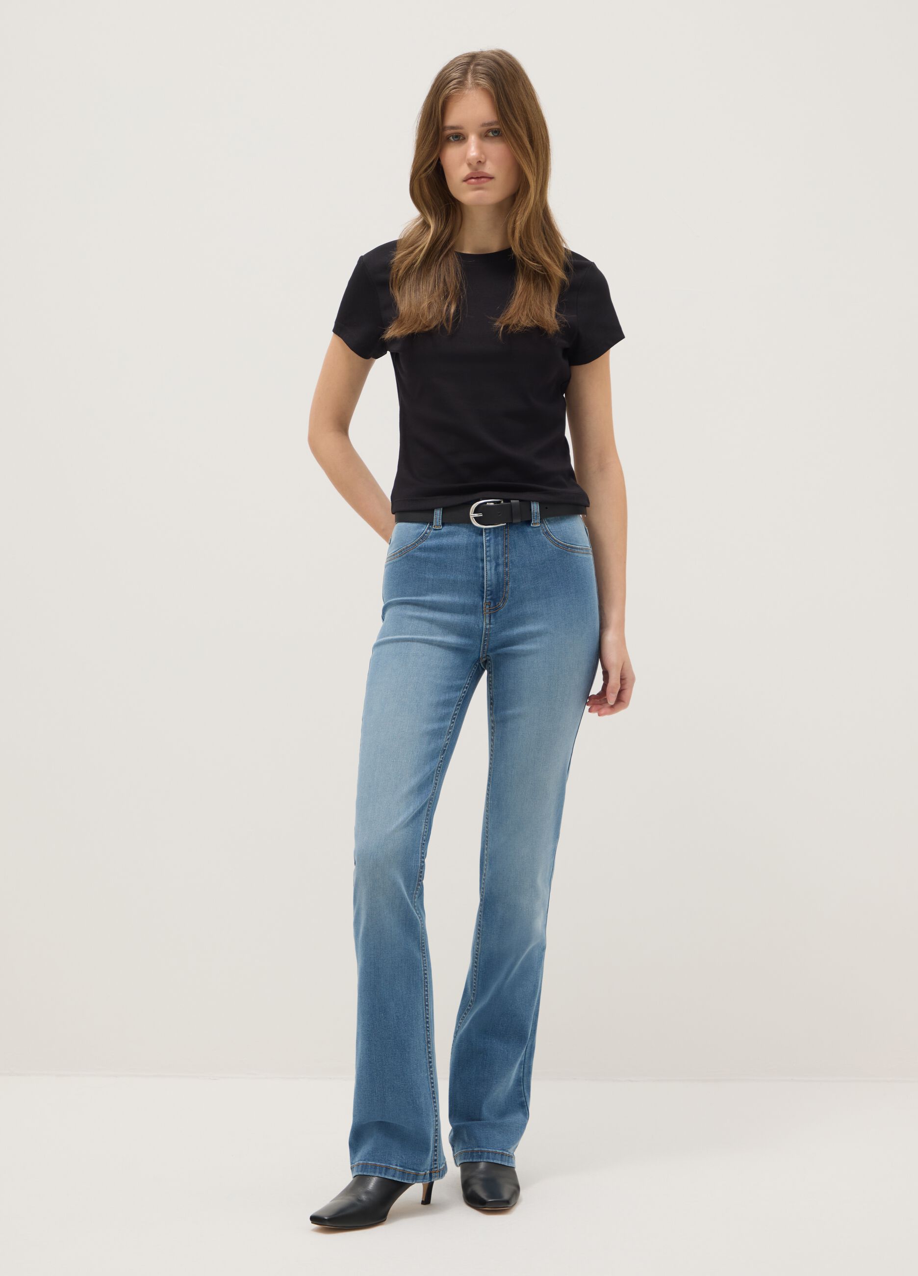 Blue Cotton Blend Flare Fit Jeans